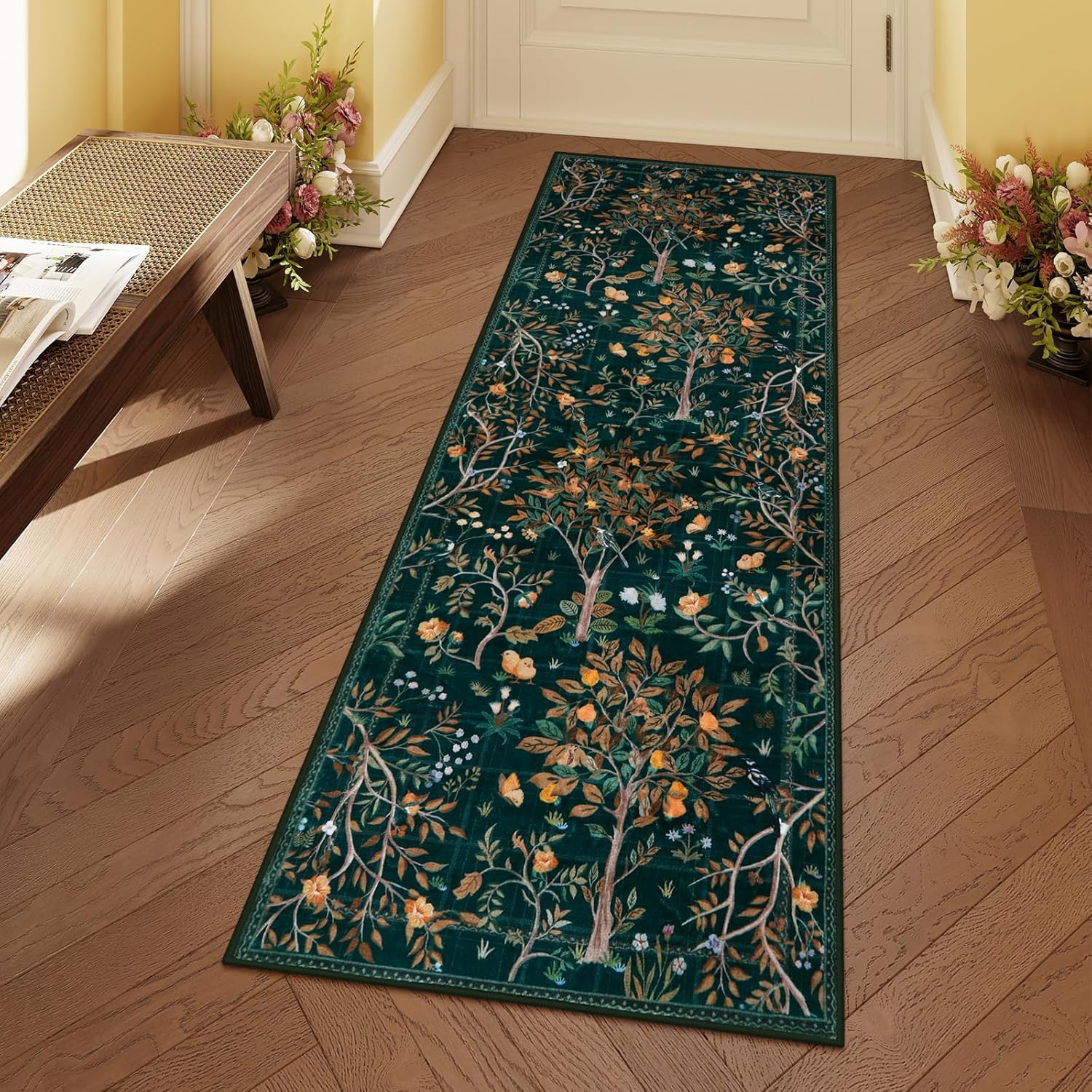 Vintage Botanical Runner Rug, 60x120cm, Rustic Dark Green Autumn Forest ...