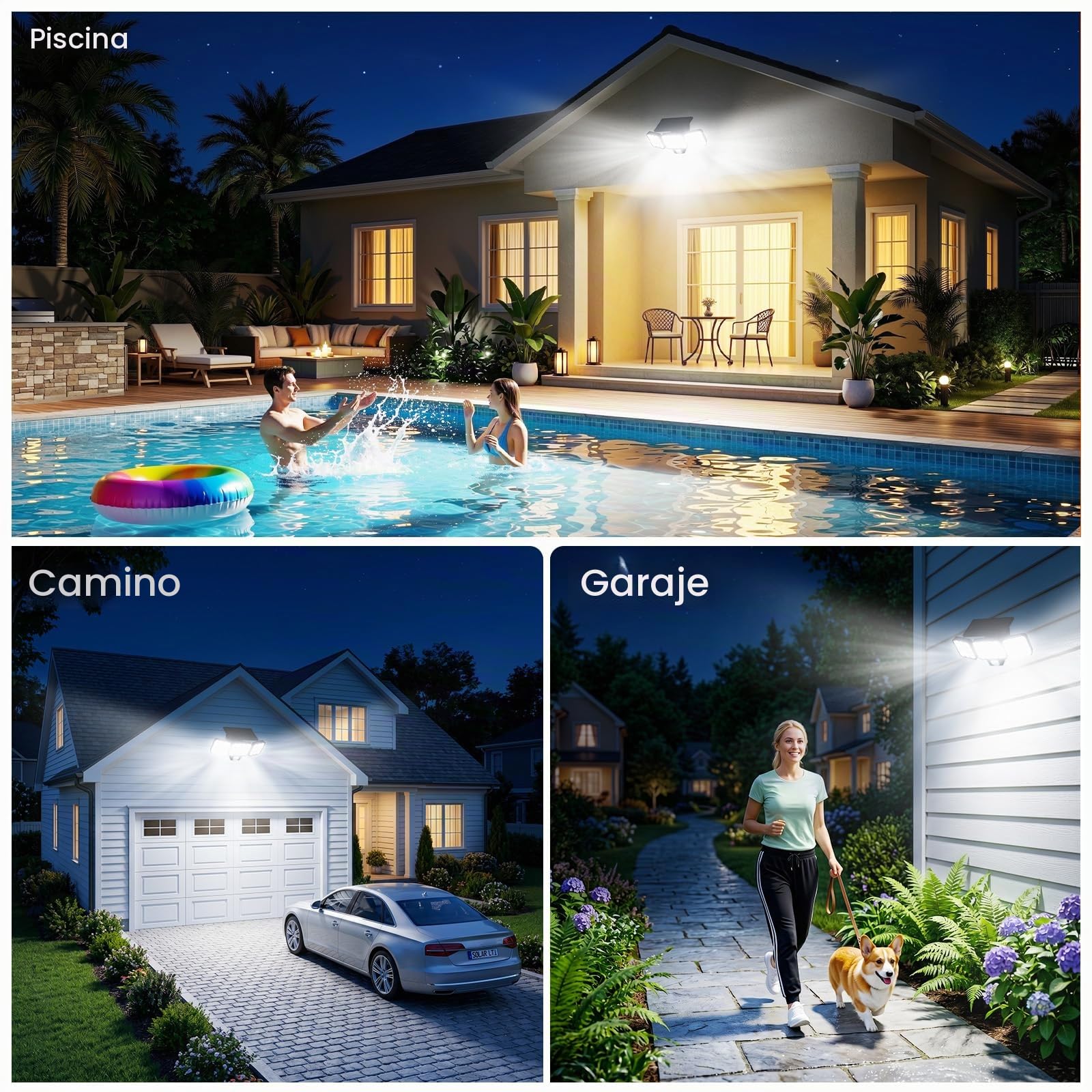 GEARLITE Luz Solar Exterior con Sensor de Movimiento 4 Piezas, Focos 120 LED Exterior Solares Potentes con 3 Modos, 3 Cabezas 270°Iluminación, IP65 Impermeable Lampara Solar Exteriores para Jardin