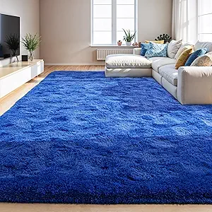 Zentavio Navy Blue Area Rugs for Living Room Boys Rugs for Bedroom 9x12 Large Shag Washable Carpet Soft Furry Fluffy Aesthetic Kids Playroom Rugs for Teen Home Decor