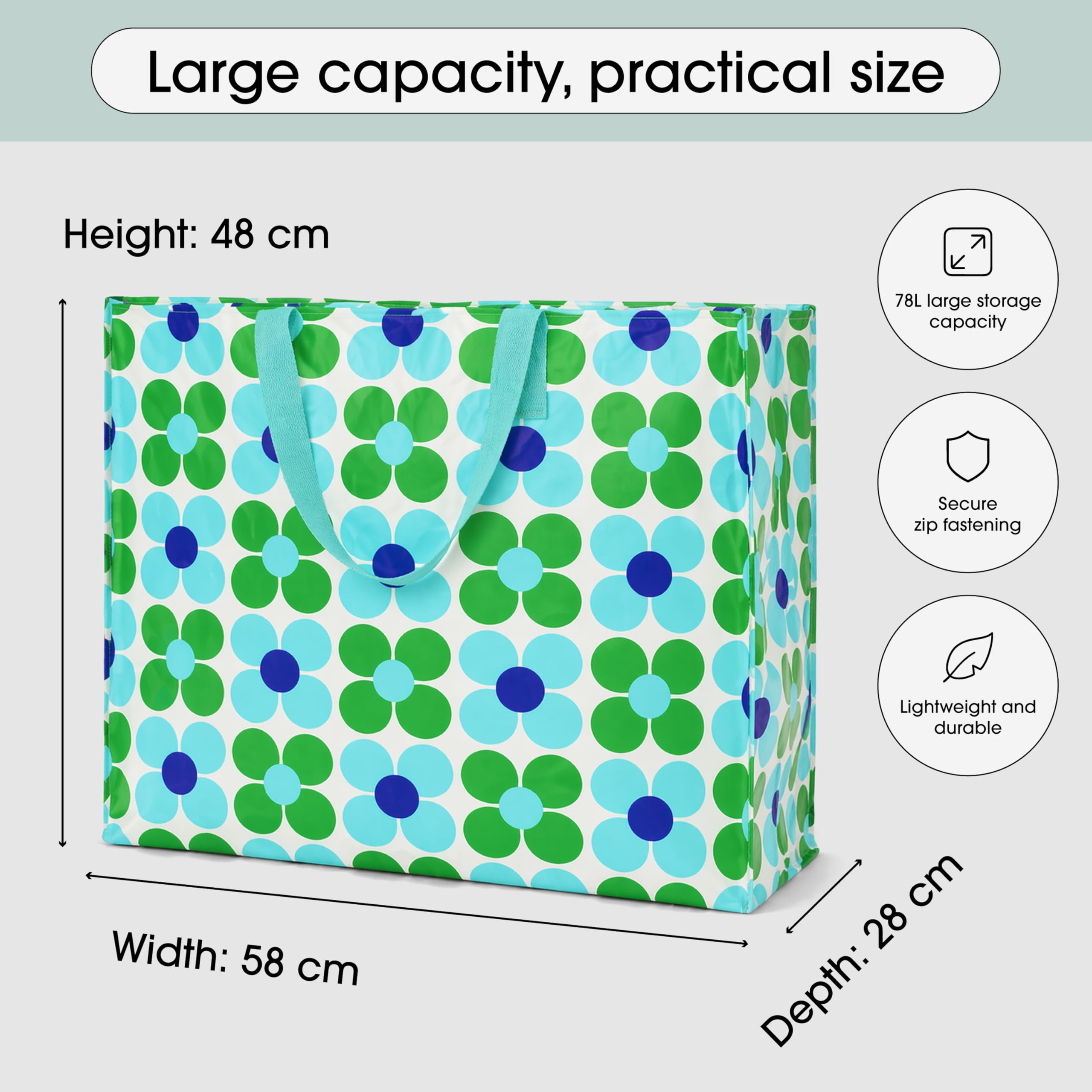Rex London - Gigantyczna torba XXL, torba do przechowywania z zamkiem błyskawicznym, kolorowy wzór (Daisy blue/green)