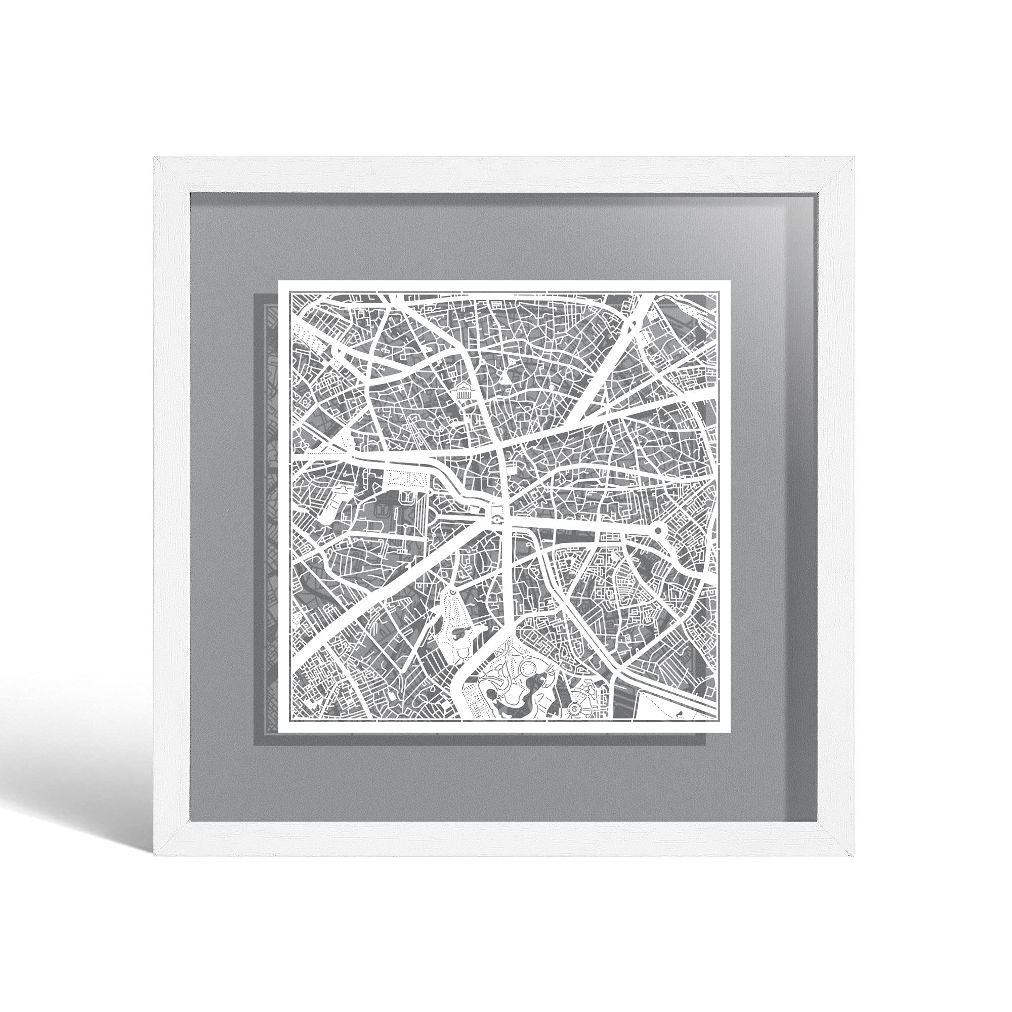 O3 DESIGN STUDIO Bucharest Paper Cut Map framed, White map, White frame, 23x23 cm, Gift Boxed, 4 background color, self-changing, Paper Art