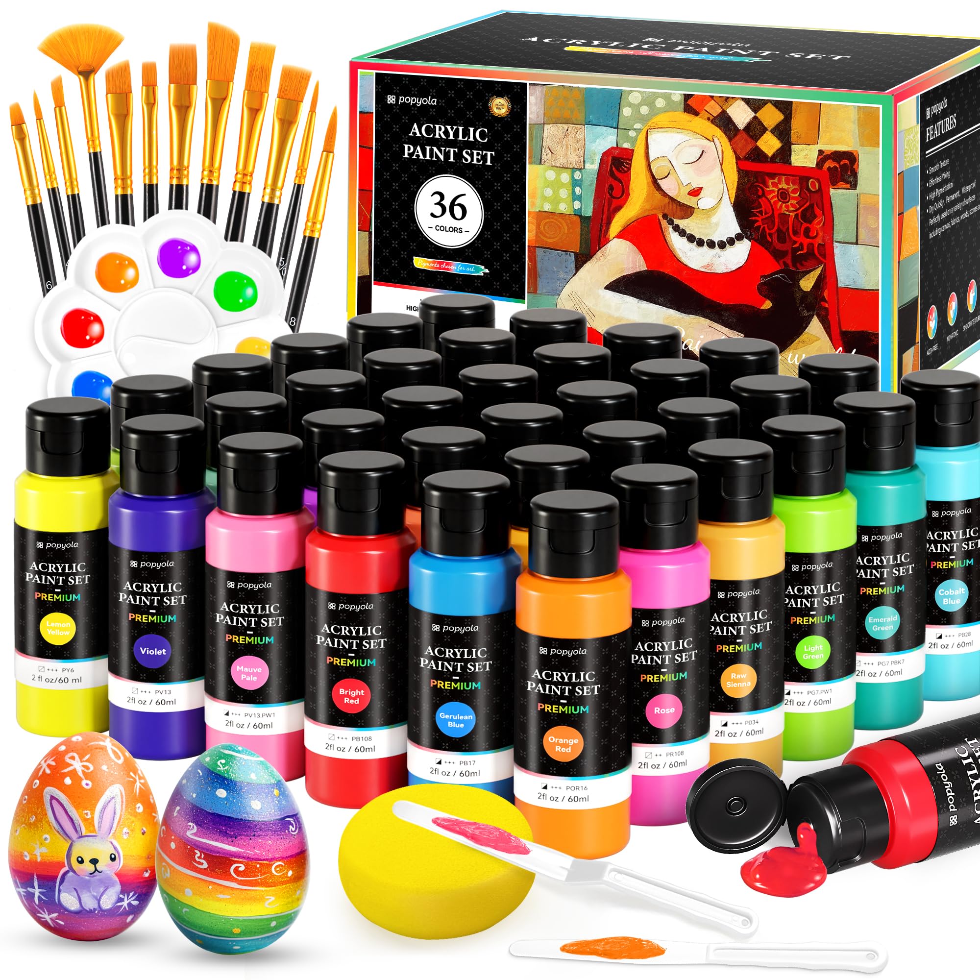 52 PCS Acrylic Paint Set with 12 Brushes, 2 Knives, Palette & Sponge, 36 Colors (2oz/60ml) Art Craft Paint for Artists Beginners Kids on Canvas Rocks Wood Ceramic Fabric