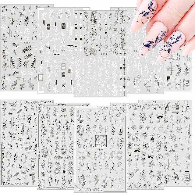 MXTIMWAN 10 Blatt Nagelsticker Selbstklebend - Weiß Schwarz Blumen Nail Art Aufkleber für Fingernägel