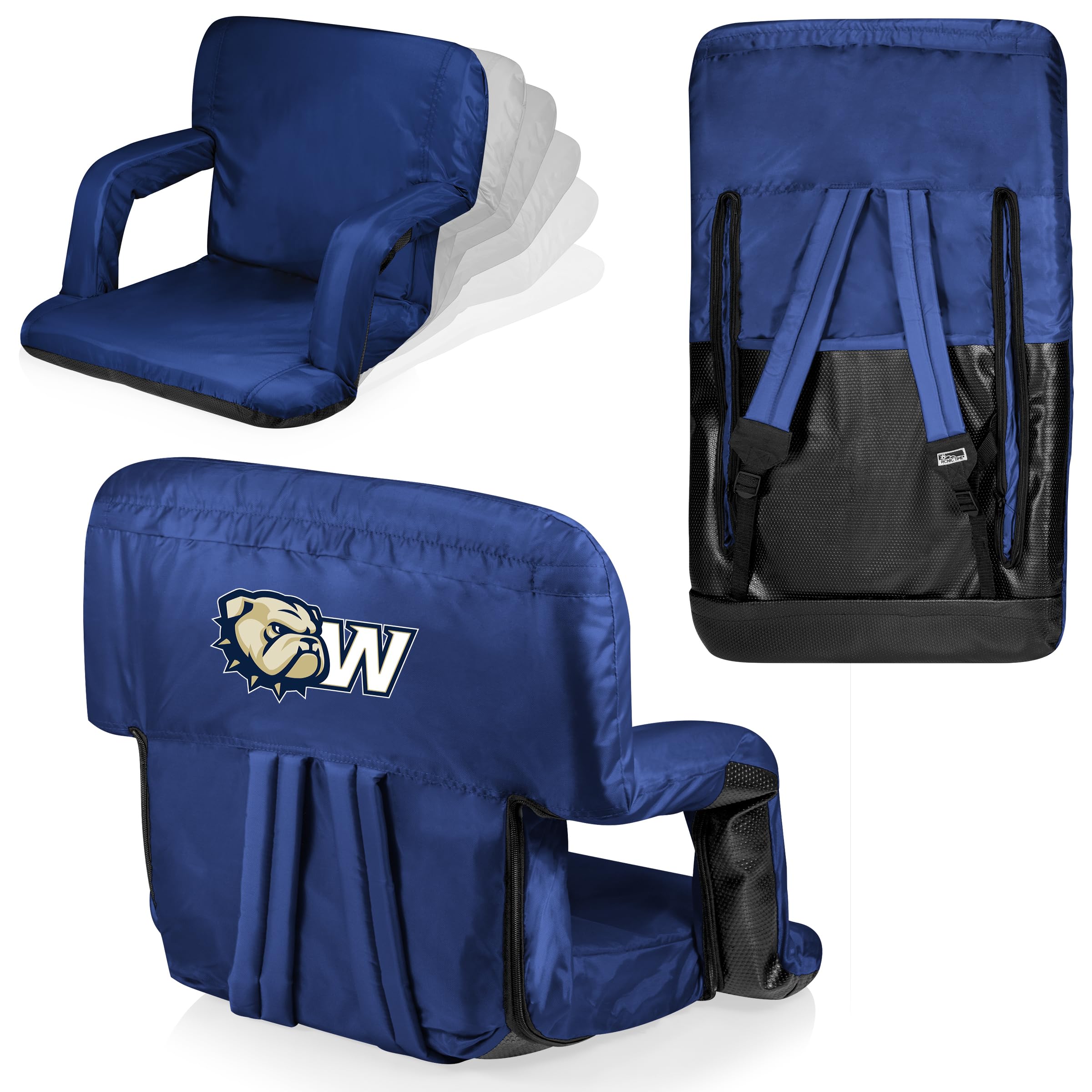 PICNIC TIME NCAA Wingate University Bulldogs Ventura Reclining Stadium Seat with Back Support, Bleacher Seat, Beach Floor Chair, (Navy Blue)