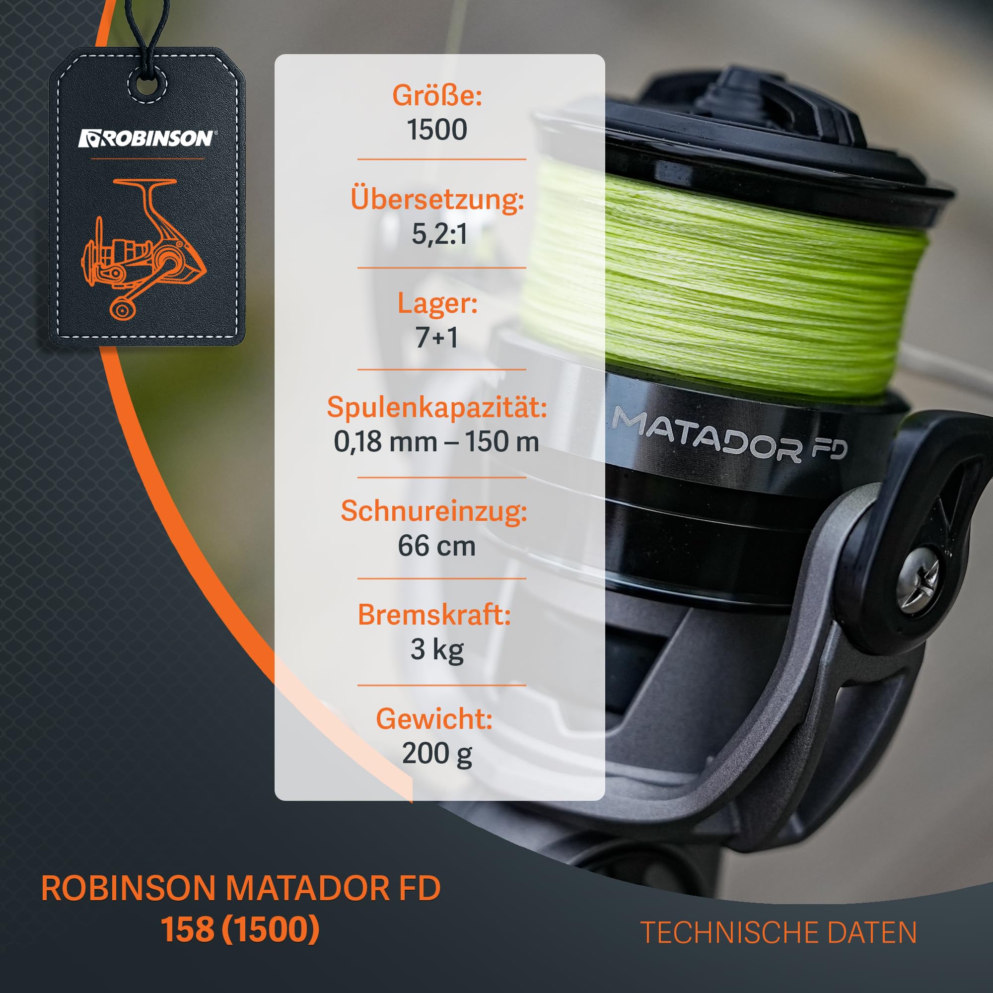 Robinson Angelrolle - Spinnrolle mit Präzisem Slow Oscillation System - Doppelt gelagerte Hauptwelle - 8 Lager - Duraluminium Spule - Leichtbau Graphitgehäuse - Matador