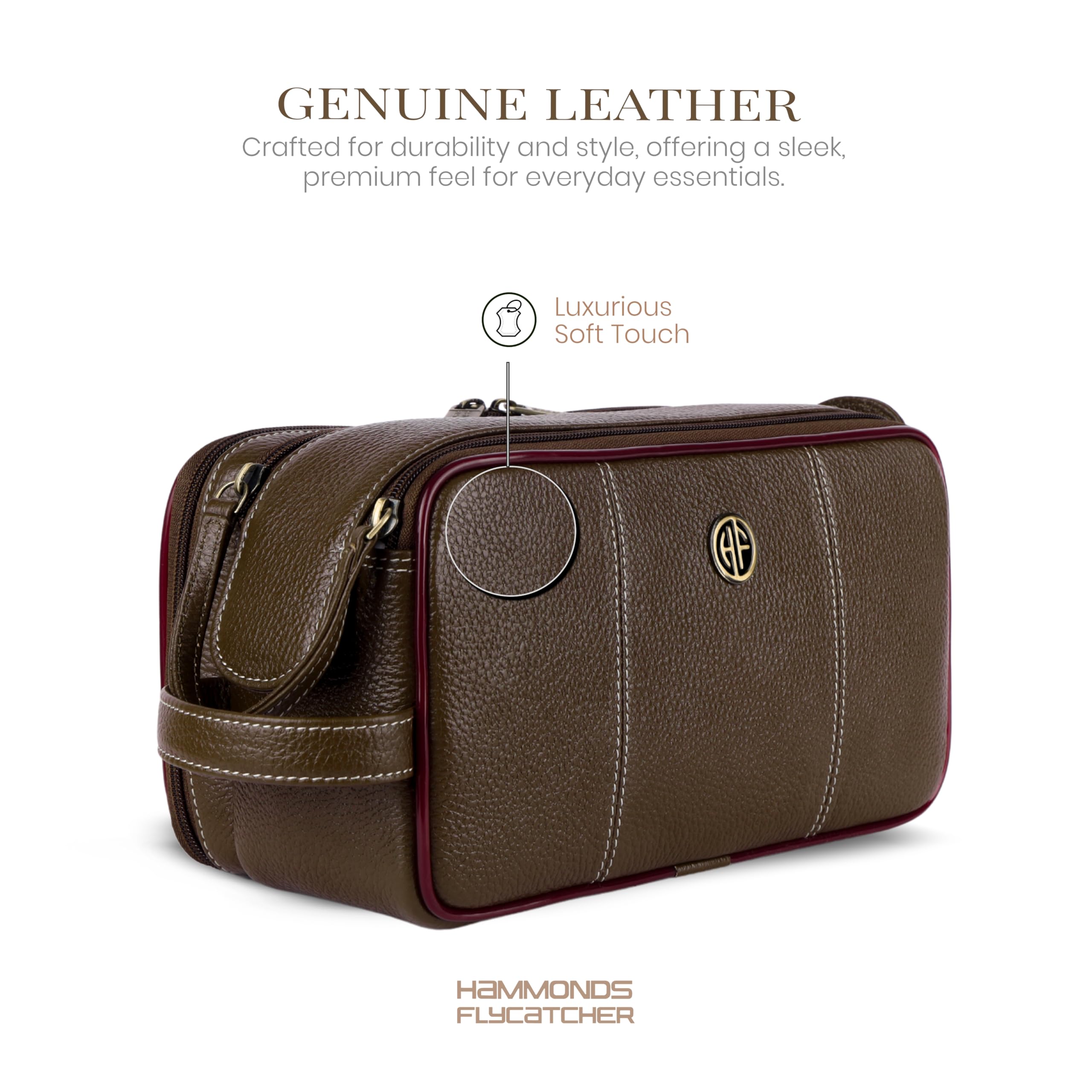 HAMMONDS FLYCATCHER Leatheropp Rasiertasche aus echtem Leder, Reise-Kulturbeutel, Hygiene und Pflege, Kitganizer, tierversuchsfreies Leder und handgenähter Kosmetikkoffer, Reisig, S