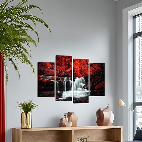 Miniatura 3 de LevvArts Arte de pared blanco y negro, 4 piezas de bosque de árbol rojo, cascada, lienzo impreso en lienzo de otoño pinturas de paisaje enmarcadas