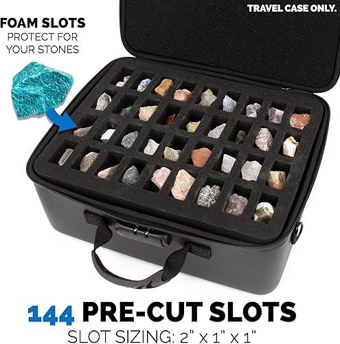 Vista 3 de CASEMATIX Rock Collection - Estuche de viaje con bloqueo programable, caja de colección Rock de 144 ranuras con cuatro bandejas protectoras