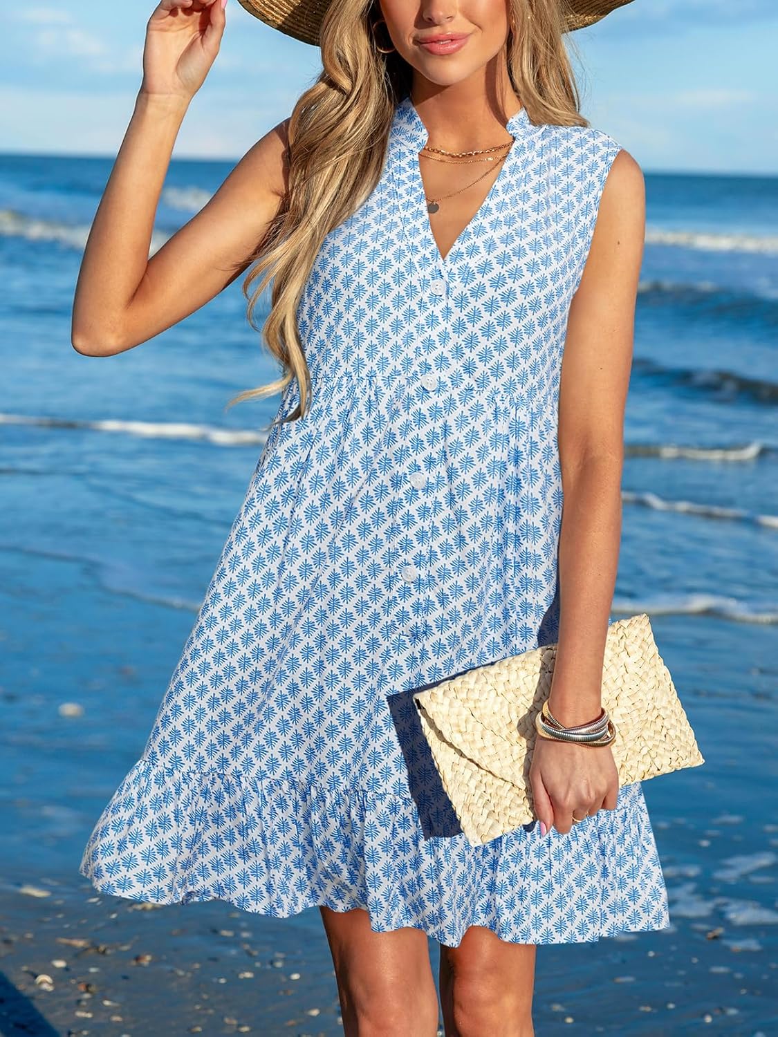 CUPSHE Womens Boho Floral Sundress Tiered Swing Flowy Mini Dress V Neck Button Down Sleeveless Summer Beach Vacation Dress - Image 5