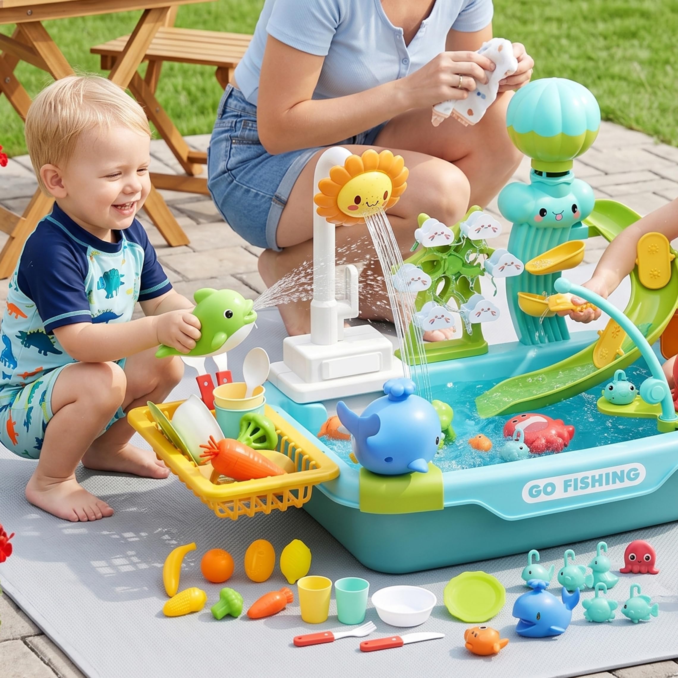Fregadero para niños pequeños con agua corriente, juego de juguetes para niños, mesa de juegos de agua multifuncional con circulación automática, gran capacidad para diversión en interiores y ex.