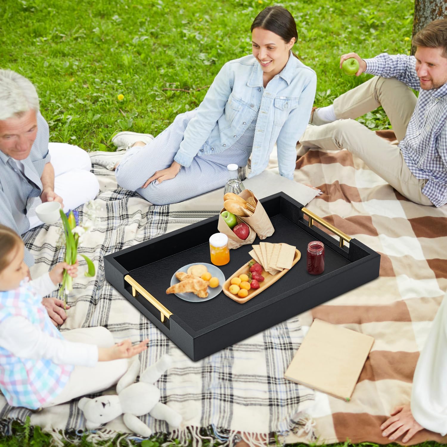 Black Rectangle Serving Tray with Gold Handles for Party,Large Wood Decorative Tray for Ottoman,Faux Leather Coffee Table Tray Decor - Image 2