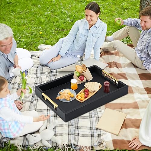 Miniatura 2 de Bandeja rectangular negra con asas doradas para fiestas, bandeja decorativa de madera grande para otomana, bandeja decorativa de cuero sintético