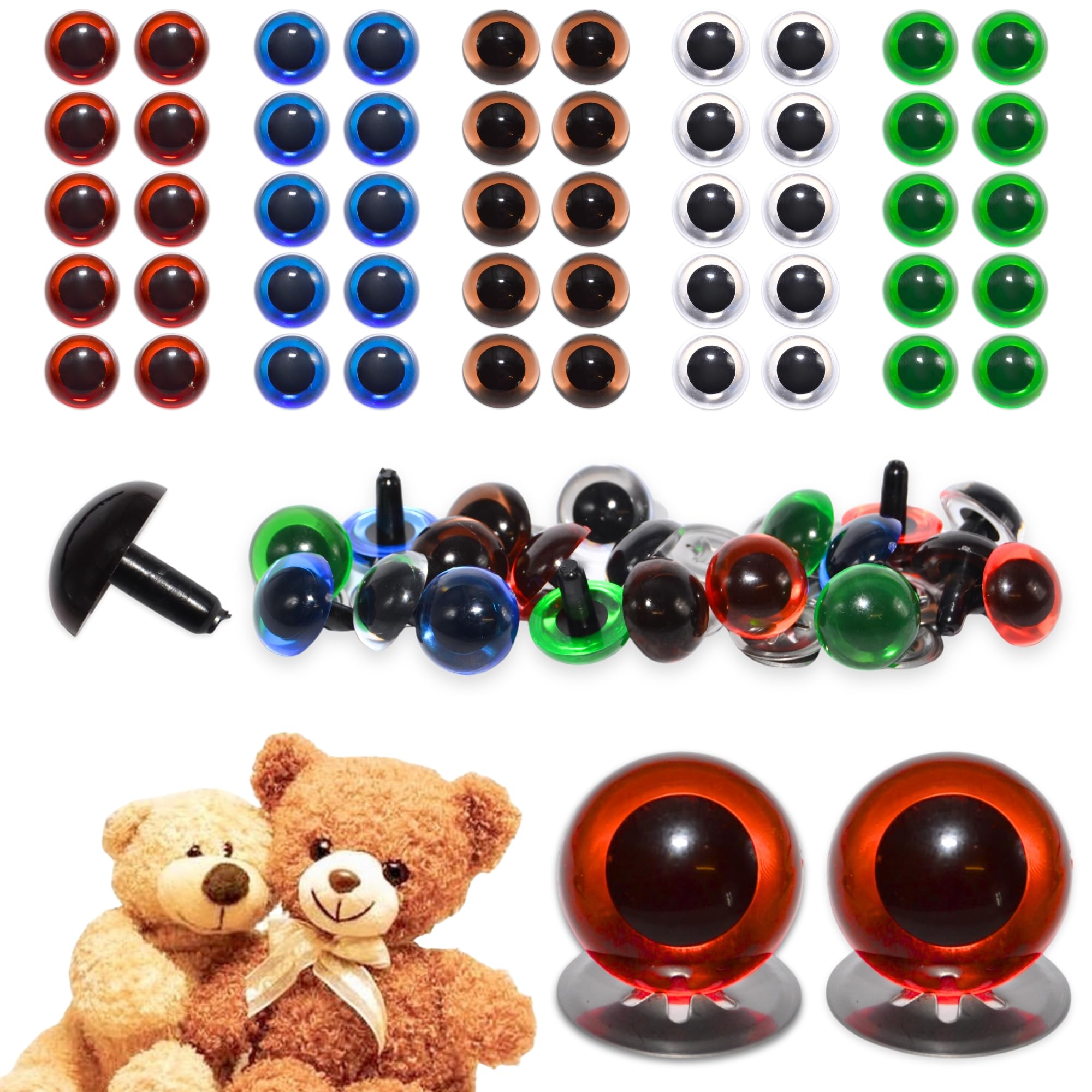 celloexpress 10.5mm Transparent Mixed Crystal Eyes with Metal Backs - Safety Eyes for Soft Toy Teddy Bear Animal Making (Pack of 25 Pairs)