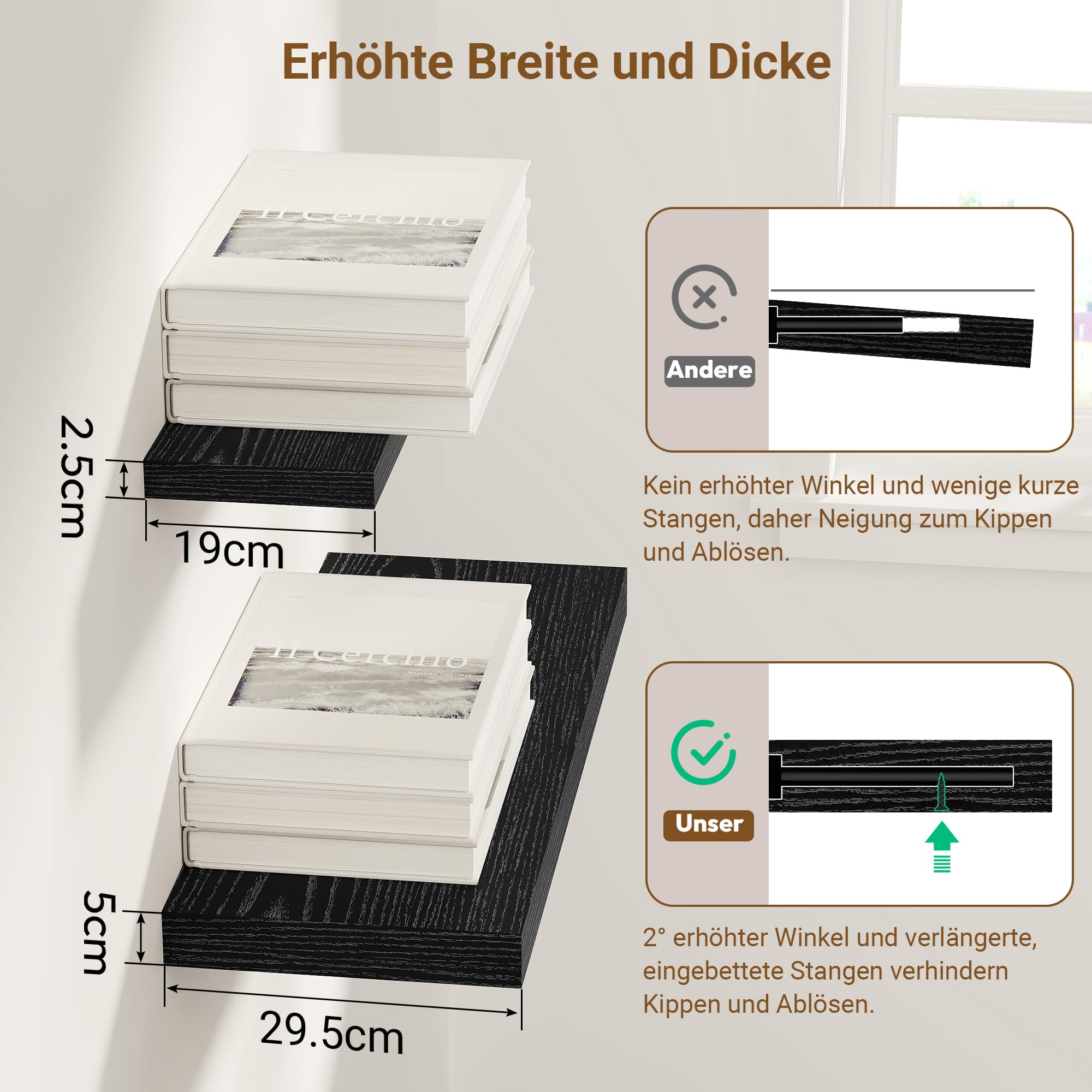 Extra Tiefes 29,5 cm Wandregal Holz, 90cm Lang Wandboard Schwarz 2er Set, Schweberegal aus MDF Holz, Regal Wand für mehr Stauraum, Regalbrett für Küche, Wohnzimmer, Schlafzimmer, Badezimmer & Büro