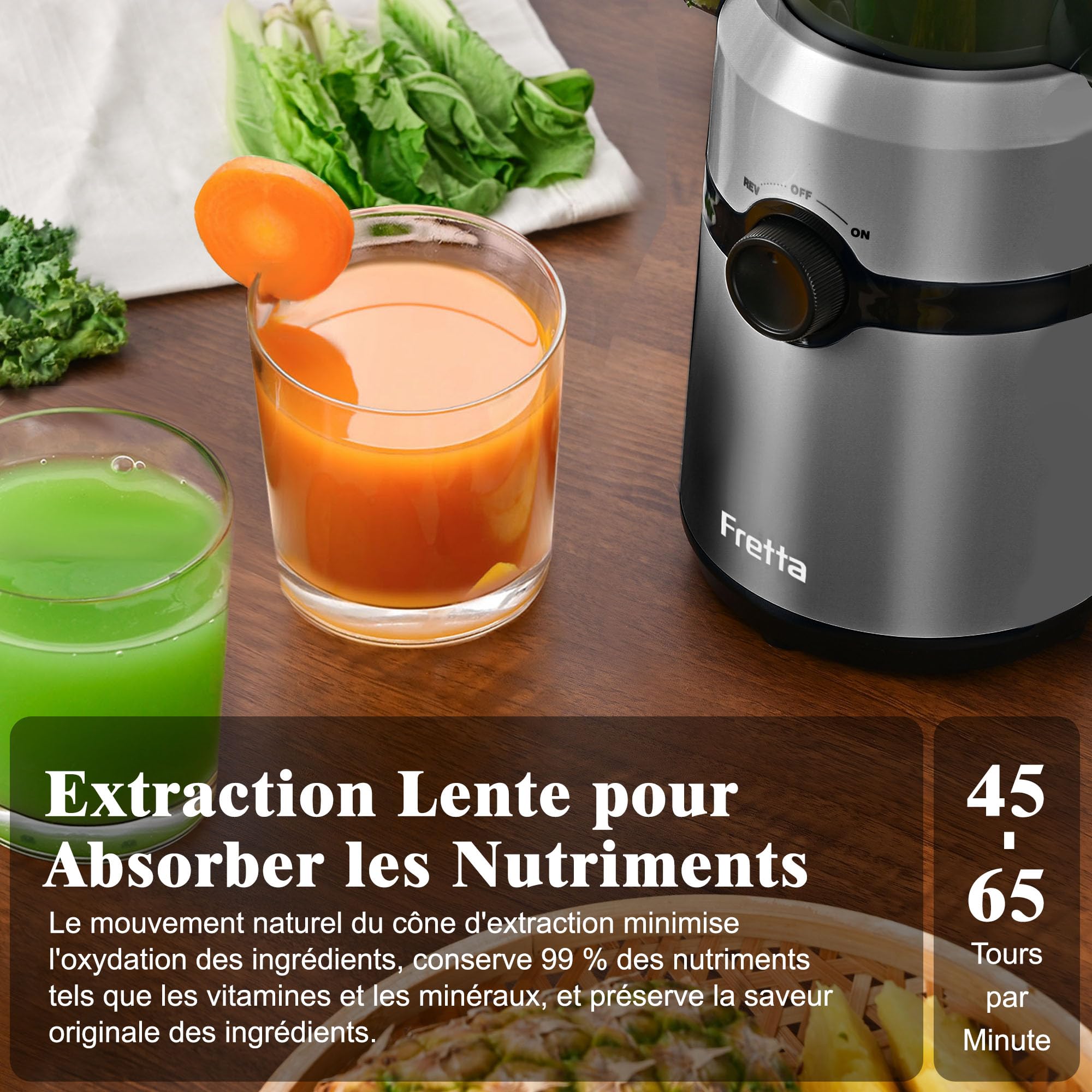 Fretta Extracteur de Jus, Slow Juicer Grande Ouverture 108mm, 1L Capacité, Pression à Froid, Sans BPA, 200W (Gris)