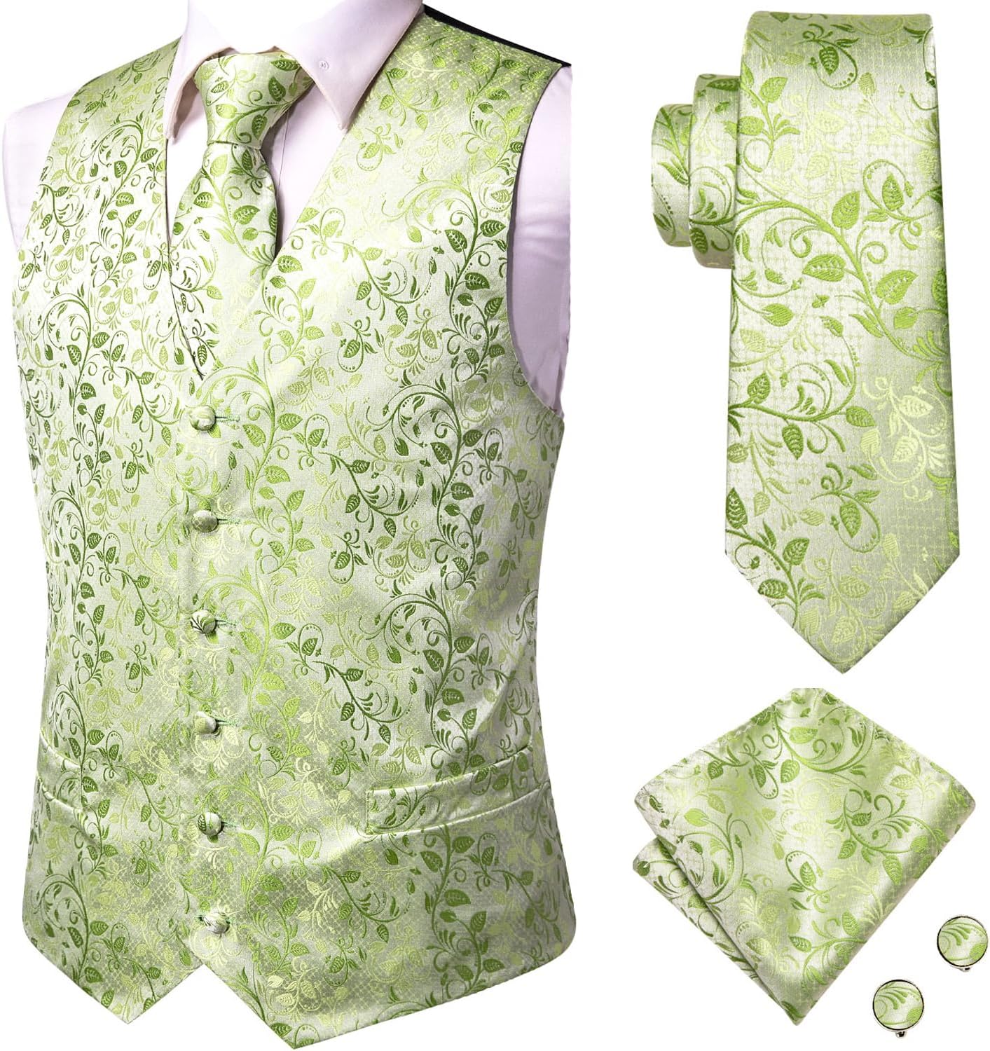Dubulle Suit Vest and Tie Set Mens Grass Green Paisley Floral Silk V-neck Waistcoats for Men with Necktie Wedding Tuxedo