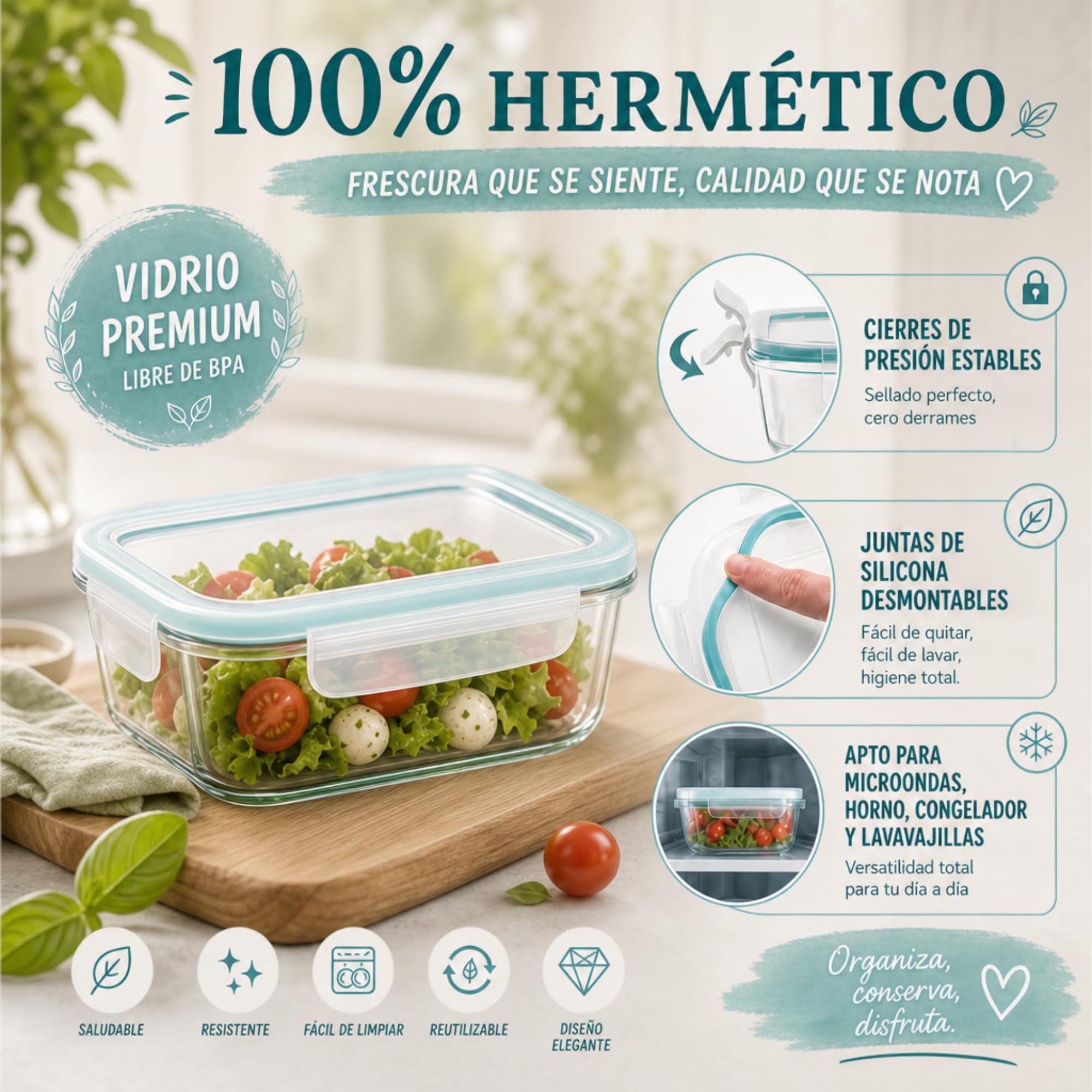 edihome, Recipientes de Cristal para alimentos, 14 Piezas (7 recipientes + 7 tapas), para Comida Hermetico, Apto para lavavajillas, congelador, microondas, sin BPA (7 Recipientes)