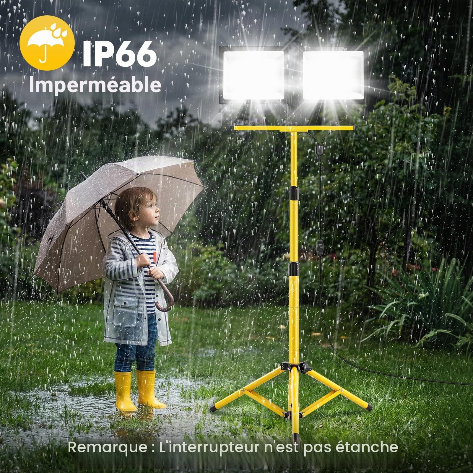 Papasbox Lampe de chantier LED 300 W avec trépied, télécommande, interrupteur et prise | Lampe de chantier 6500 K blanc froid, étanche IP66, intensité variable, pour atelier et chantier