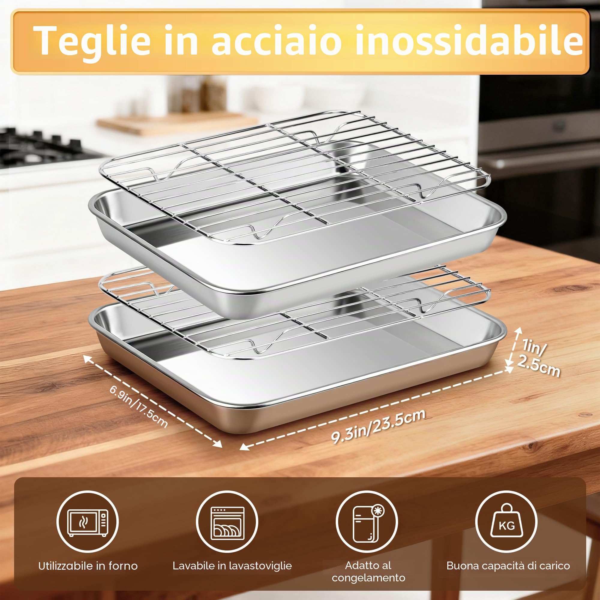 Fire More Teglie da Forno con Griglia di Raffreddamento in Acciaio Inox,Set di 4[2 Teglia Forno+2 Grigliaper Cuocere e Servire], Atossica e Sana, Facile da Pulire e Lavabile in Lavastoviglie