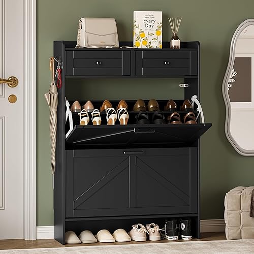 Miniatura 19 de Armario de Almacenamiento de Zapatos para Entrada, Armario Estrecho de Zapatos Estilo Granja con 2 Cajones Abatibles y Cajones Superiores, Estantes