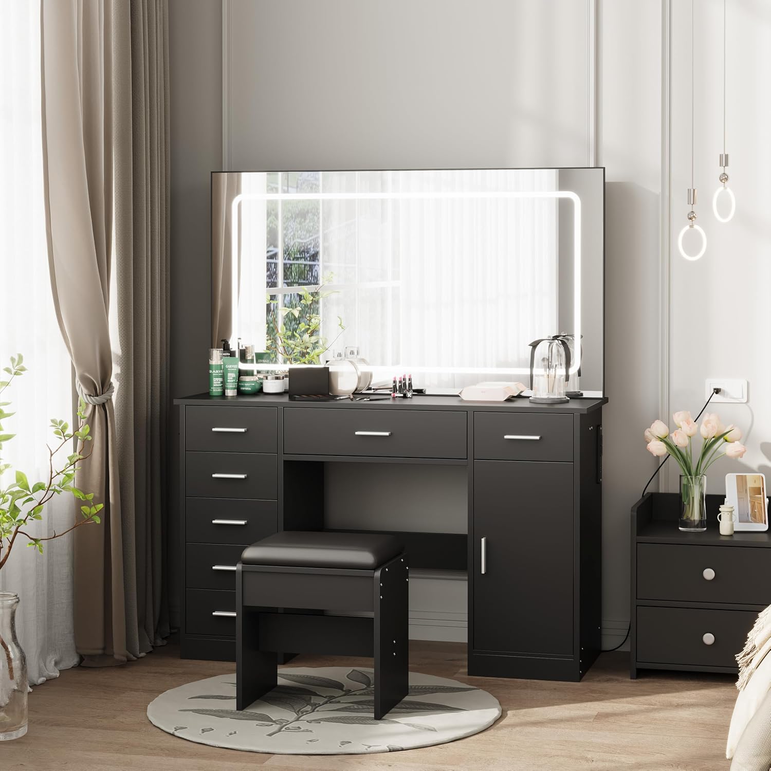 GarveeHome Vanity Desk with Large Mirror and Lights, Makeup Vanity with Charging Station, 3 Lighting Modes Adjustable Brightness, Vanity Table Set with 7 Drawers, Makeup Table for Bedroom