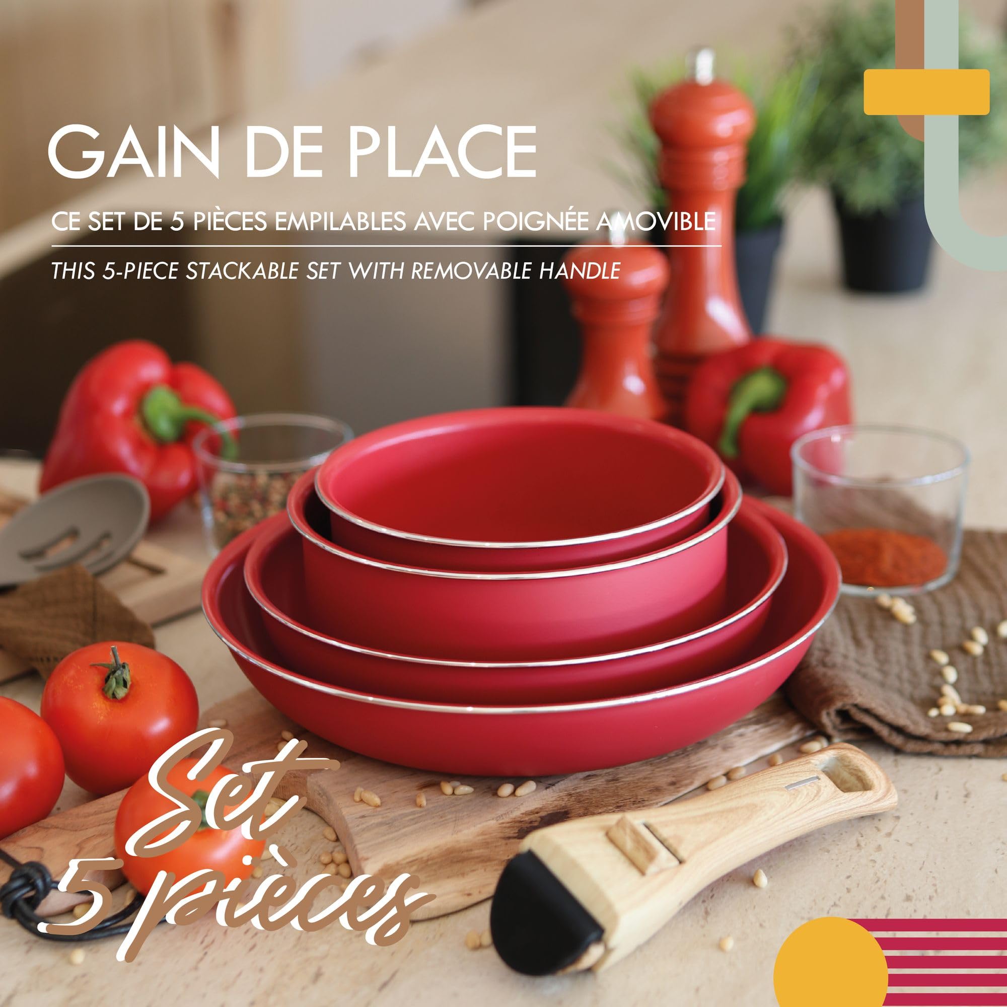 MENASTYL - Utensilios de cocina apilables extraíbles - Apto para todas las fuentes de calor, incluida la inducción, revestimiento cerámico antiadherente sin PFAS - Gama Colorama - Color magenta - 2