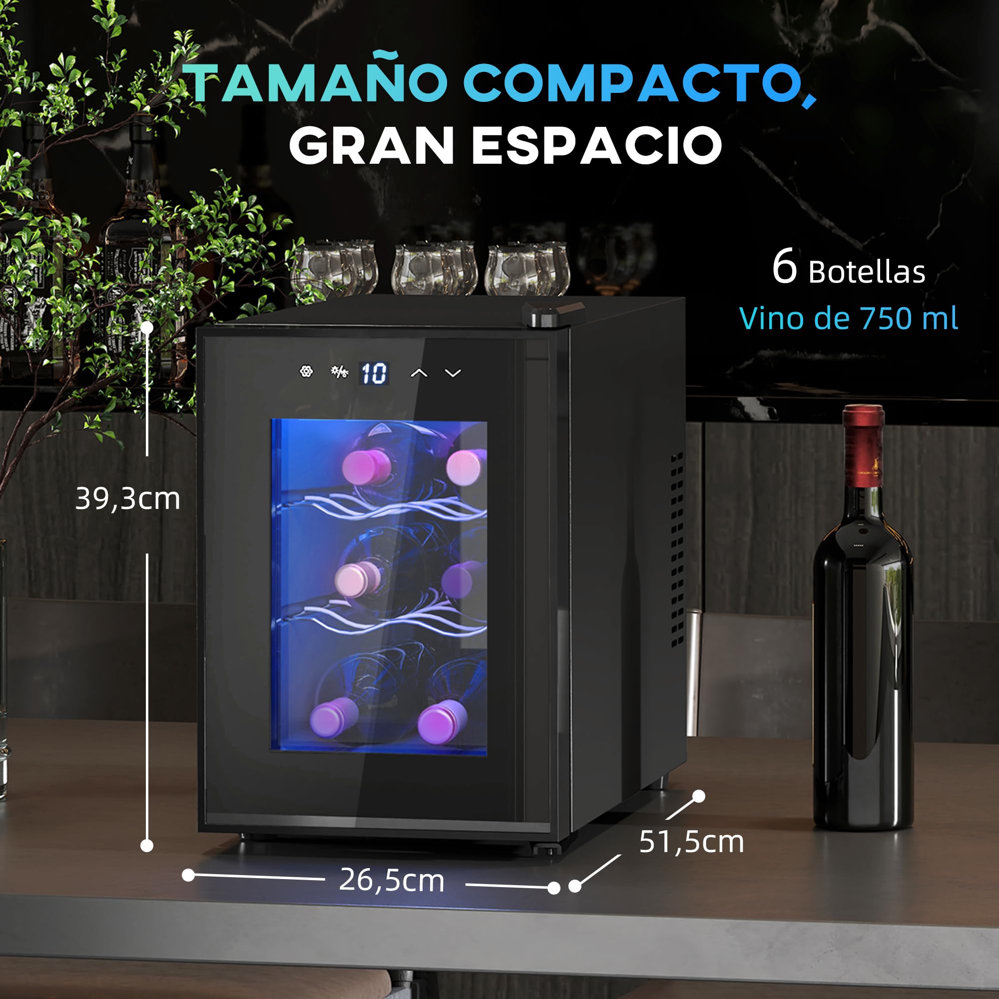 HOMCOM Vinoteca 6 Botellas, Nevera para Vinos con Doble Refrigeración Termoeléctrica, Temperatura Ajustable 8-18℃, Puerta de Vidrio, Anti-UV, Pantalla LED, Luz Interior, Negro