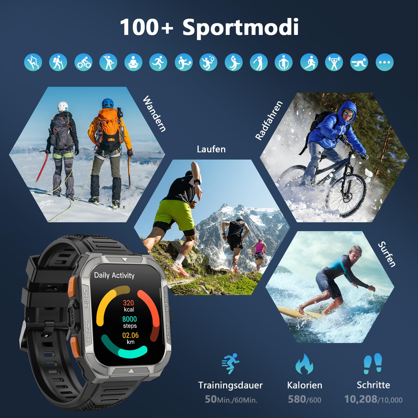 Blackview Smartwatch Herren mit integriertem GPS & Kompass, Bluetooth-Anrufe, 900 mAh Akku, Sportuhr mit Schrittzähler, Fitnessuhr, 110+ Sportmodi, Gesundheits und Schlafmonitor, Uhr für Android iOS