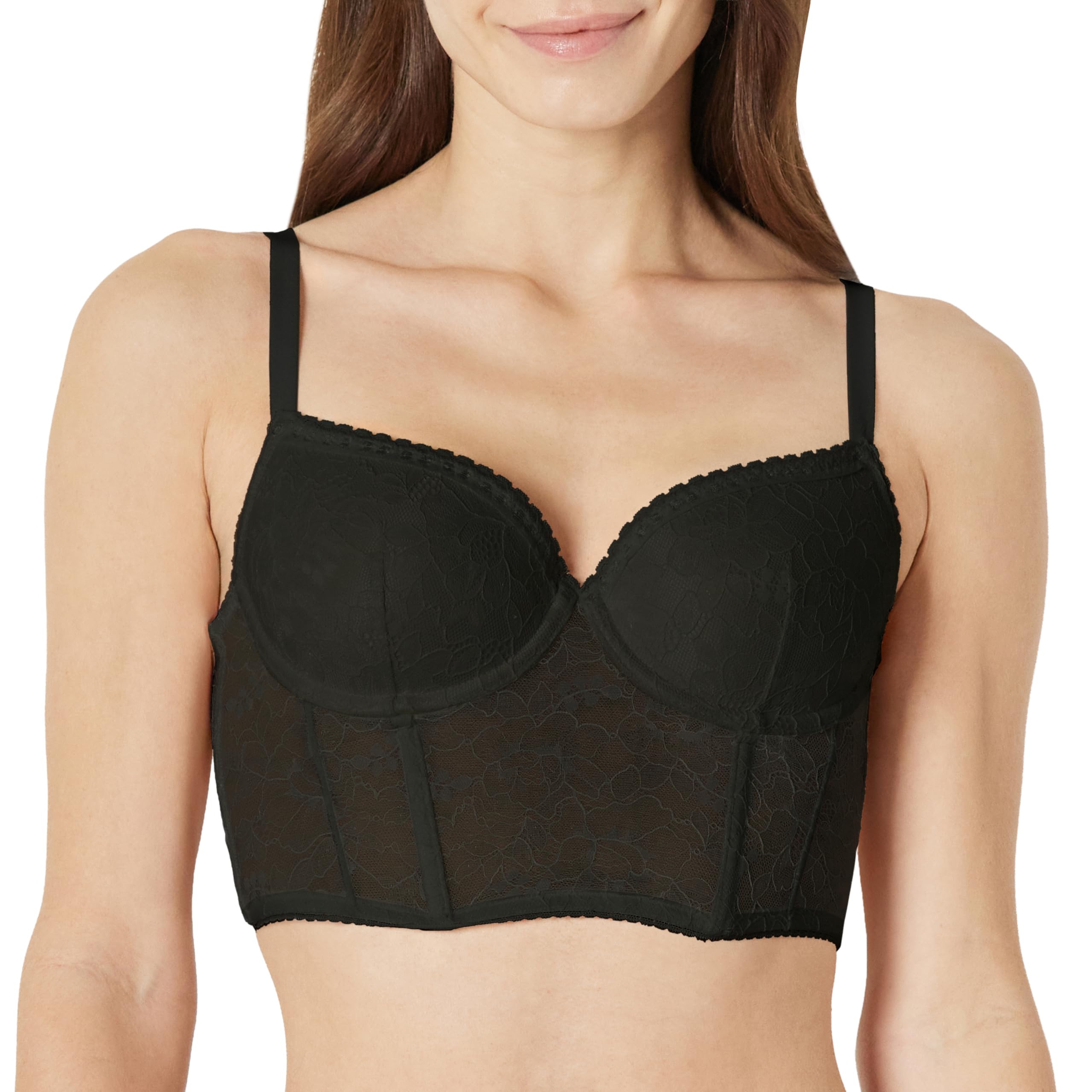 Amazon Essentials Women's Padded Underwire Long-Line Bustier Bra, Stretch Lace, Black, 32B