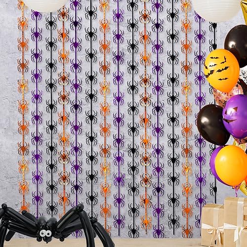 Decoraciones de fiesta de Halloween, paquete de 2 cortinas de flecos de papel de aluminio de oropel de araña naranja, morado y negro, para cabina de