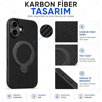 Ehr. iPhone 17 ile Uyumlu Magsafe Wireless Şarj Özellikli Kamera Çıkıntılı Standlı Carbon içi Kadife Silikon Arka Kapak (Siyah, iPhone 17)