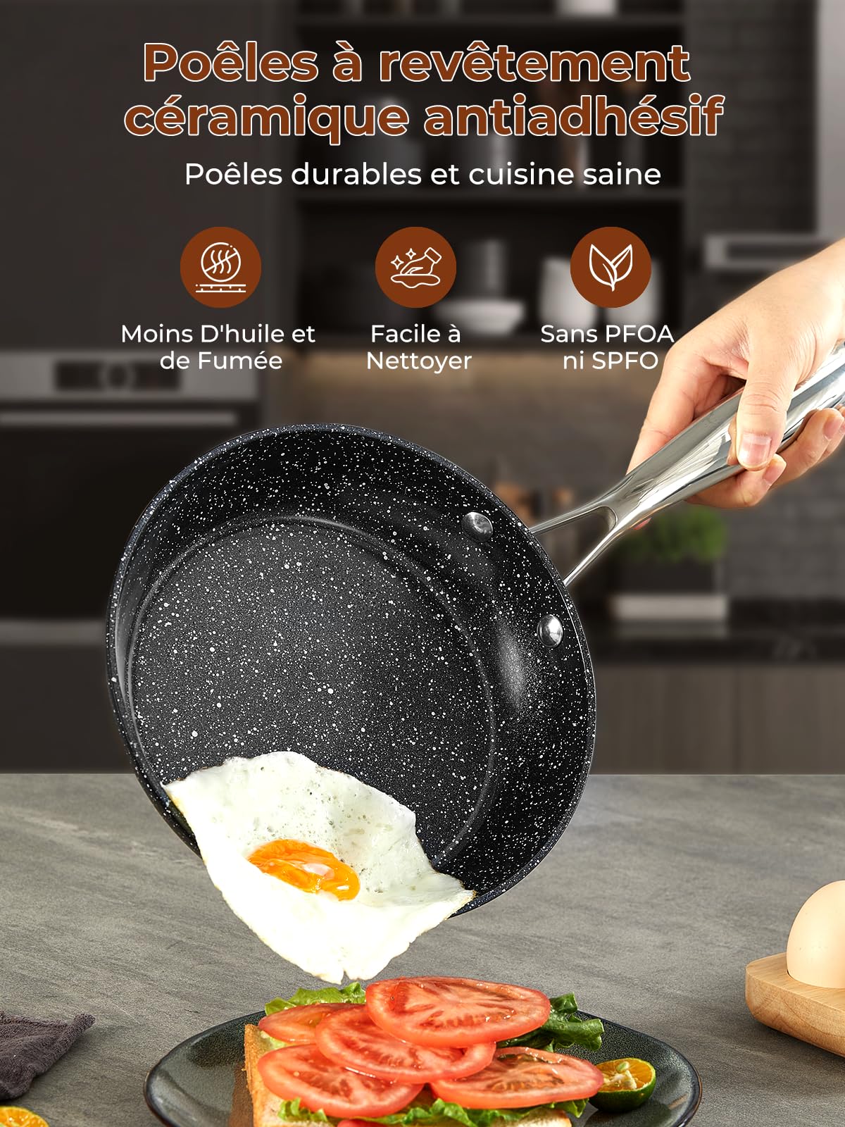 FOHERE Batterie de Cuisine Induction, 17 Pièces Revêtement Antiadhésif | Revêtement Céramique Sets de Poêles et Casseroles avec Couvercle, Aluminium, Noir