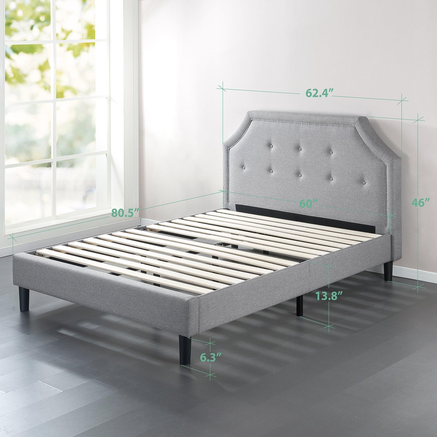 Zinus Lyon Upholstered Button Tufted Platform Bed / Mattress Foundation / Easy Assembly / Strong Wood Slat Support, Queen