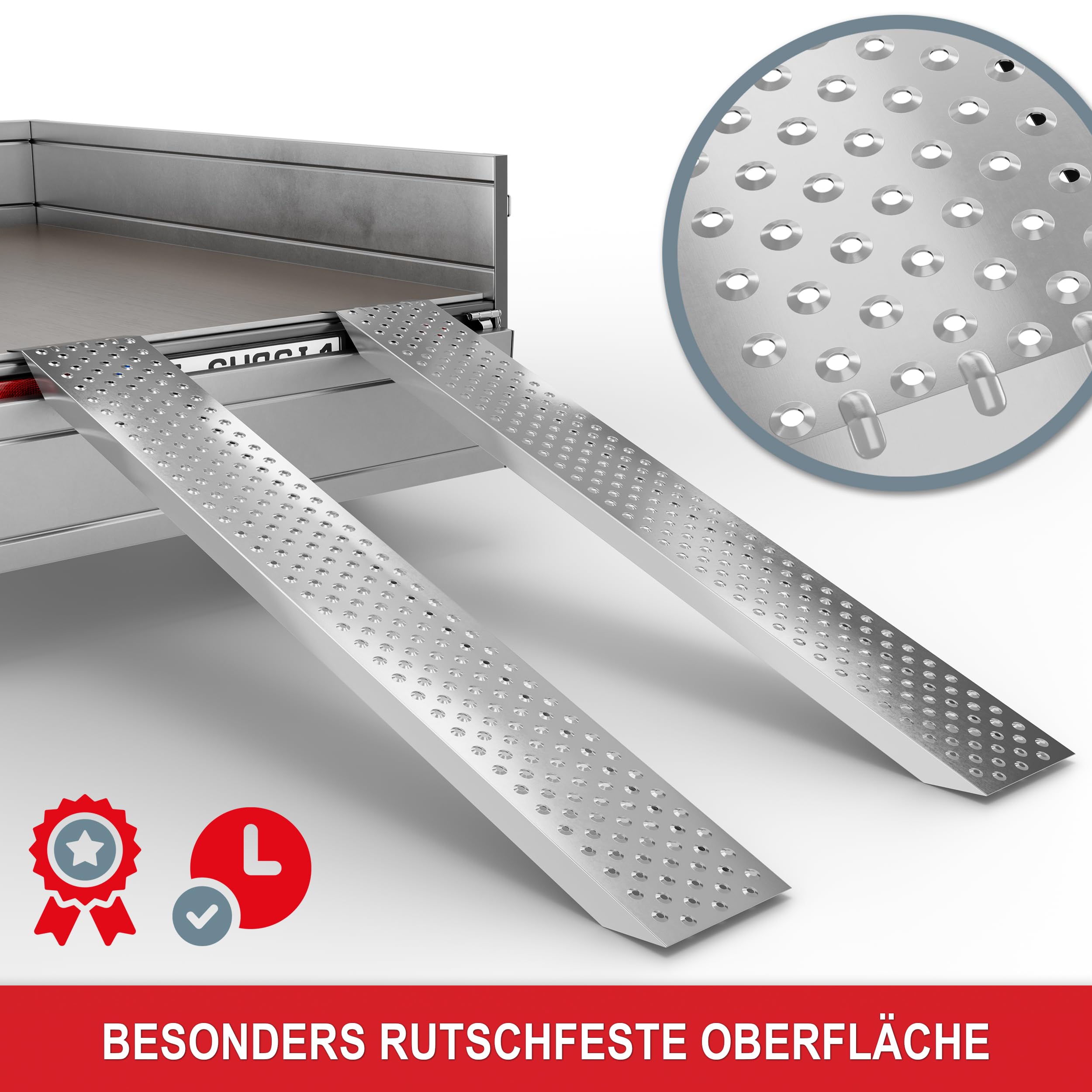 ONBEST Auffahrrampen 2x200 kg – 160 cm mit Spanngurten | 2 Auffahrschienen 22,5x160 cm für Anhänger und Auto – Laderampe in Silber inkl. 2 Spanngurte 25 mm x 4 m