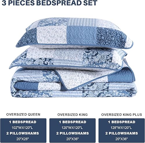 Miniatura 8 de Colcha tamaño King 100% algodón de 120 x 120 pulgadas, juego de edredón de gran tamaño, colcha extragrande de granja, patrón botánico a cuadros y