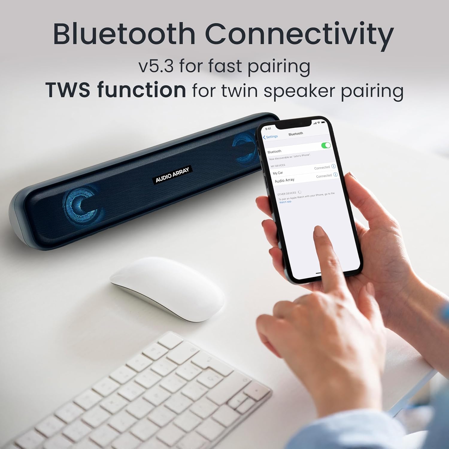 Smartphone screen showing Audio Array SB-01 connected via Bluetooth.