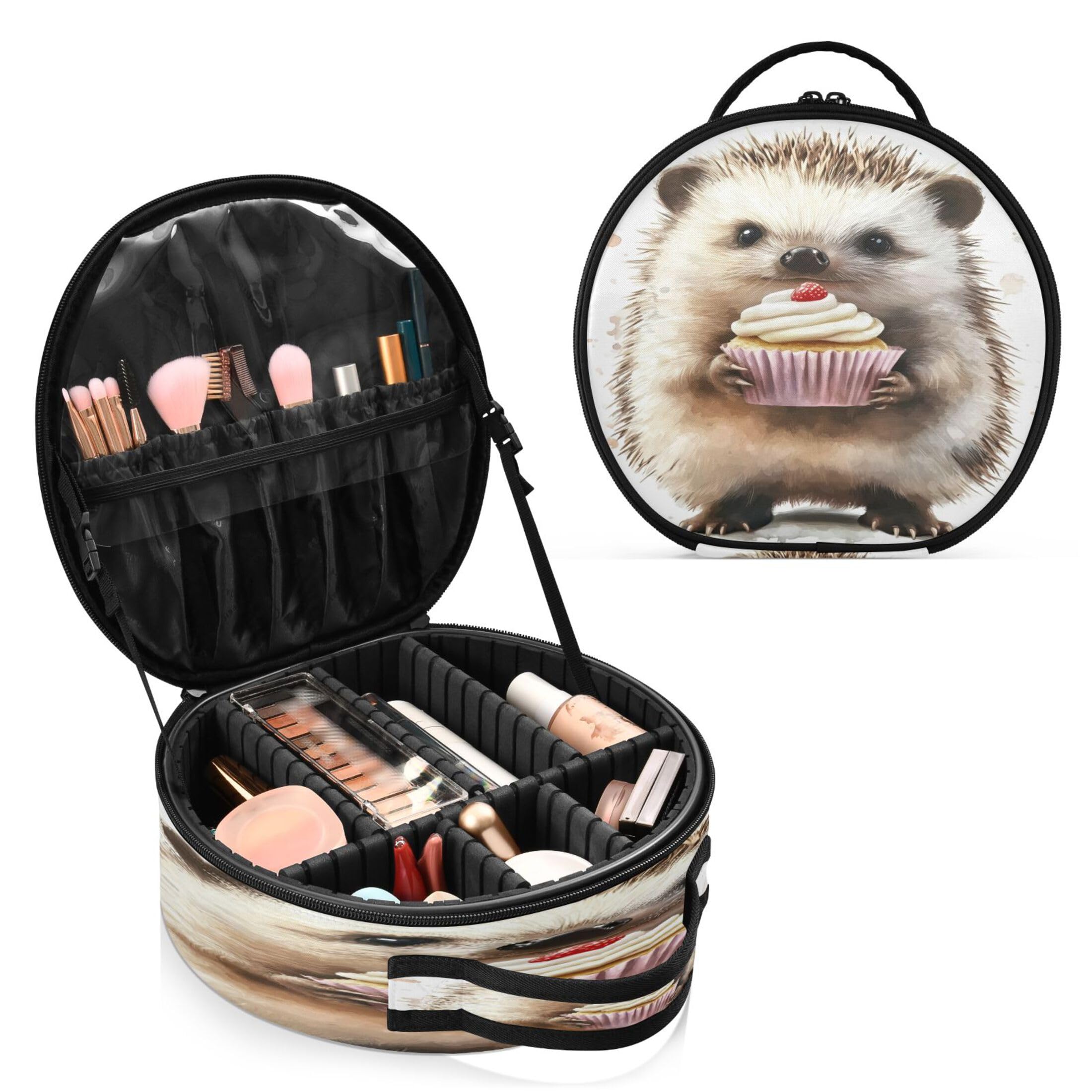 Takiito Cute Hedgehog Holding Cupcake Travel Makeup Case Portable Makeup Box Artist Cosmetic Case Organizer With Adjustable Dividers