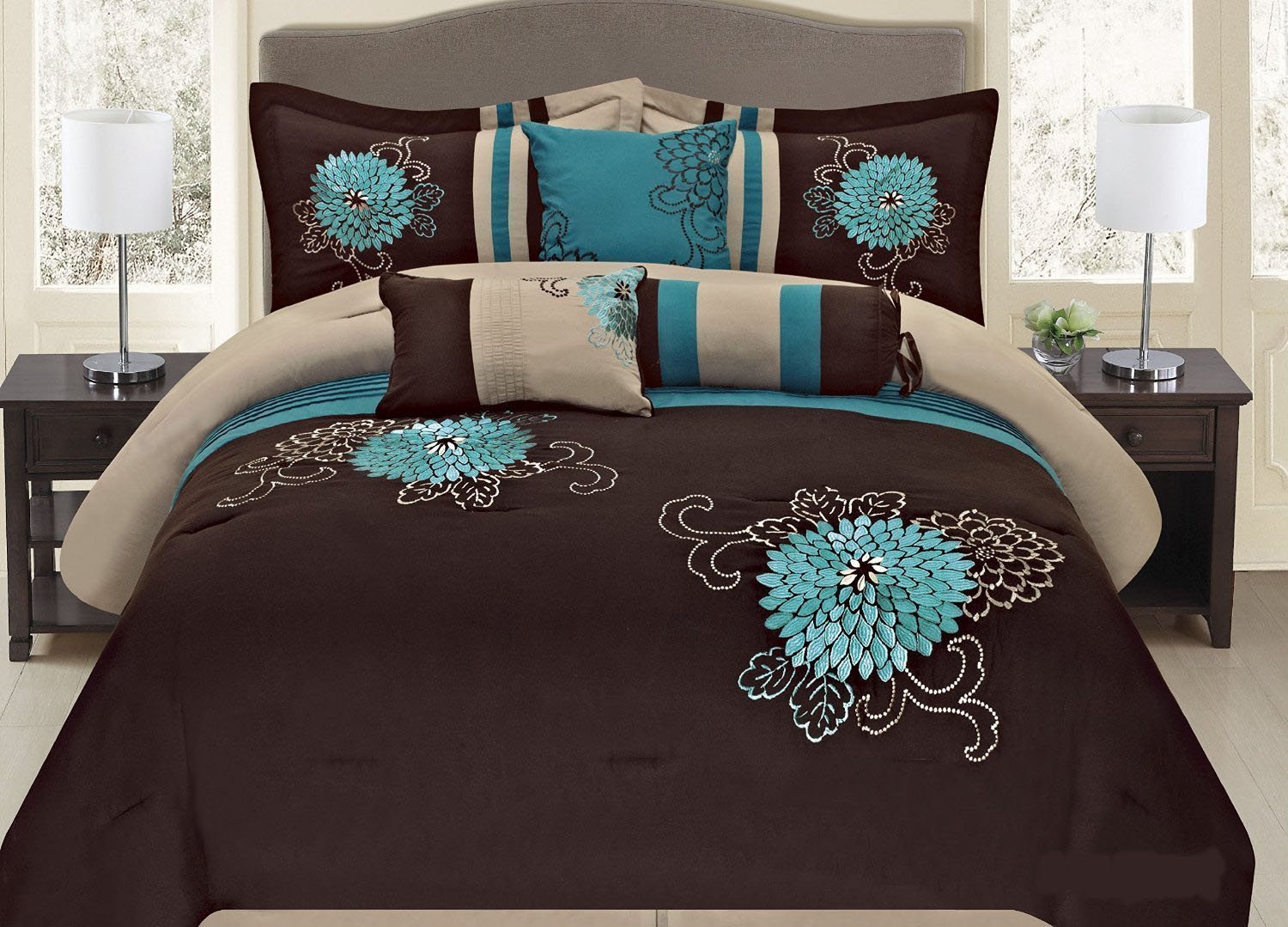 Brown Turquoise Grey Yellow Western Style 7 Pcs Embroidery Comforter Set, King