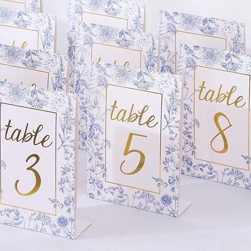 Miniatura 1 de Efavormart - Paquete de 25 números de mesa de boda de papel blanco y azul de doble cara con impresión de números florales y dorados, tarjetas de