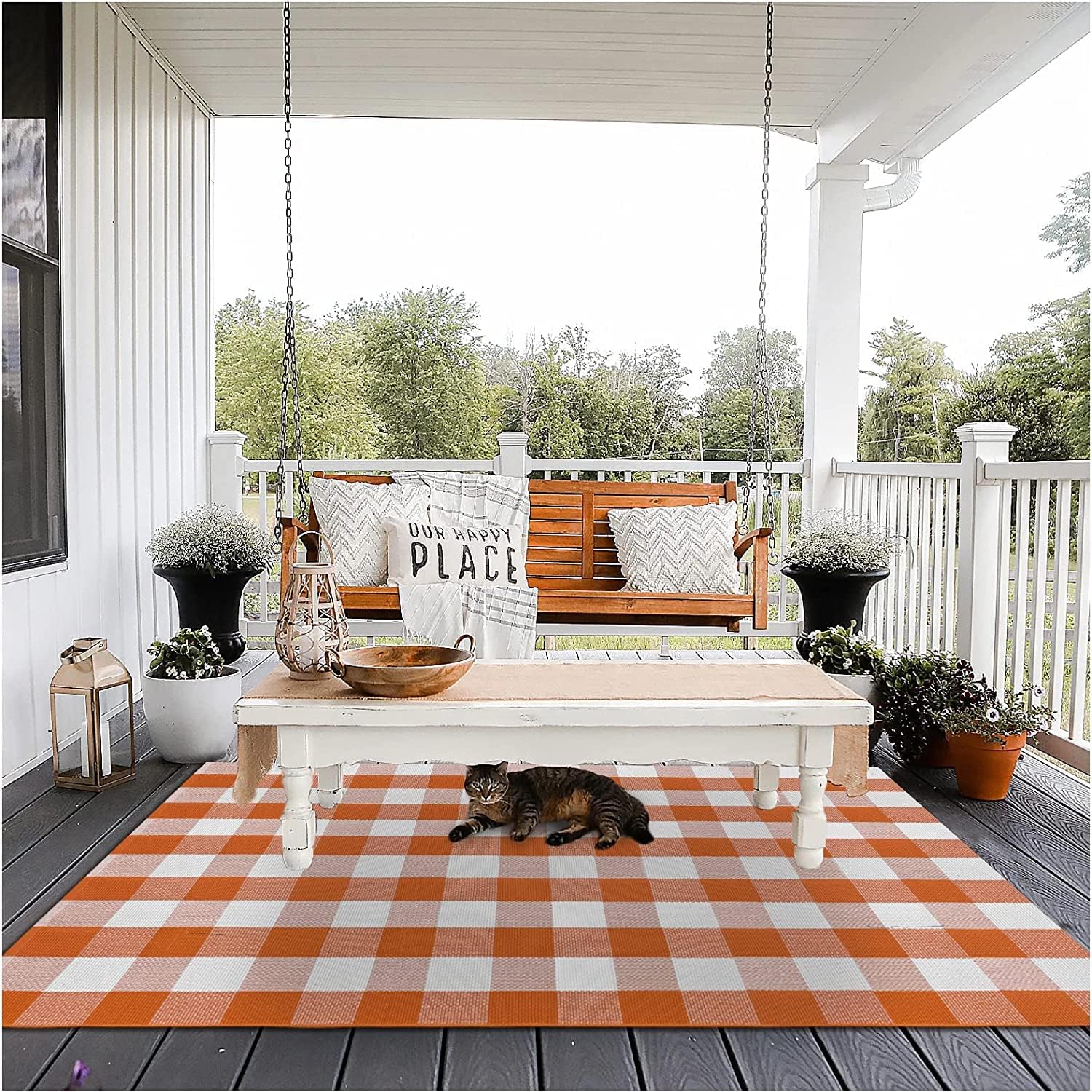 EARTHALL Buffalo Plaid Outdoor Rug Orange and White 4'x 6', Cotton HandWoven