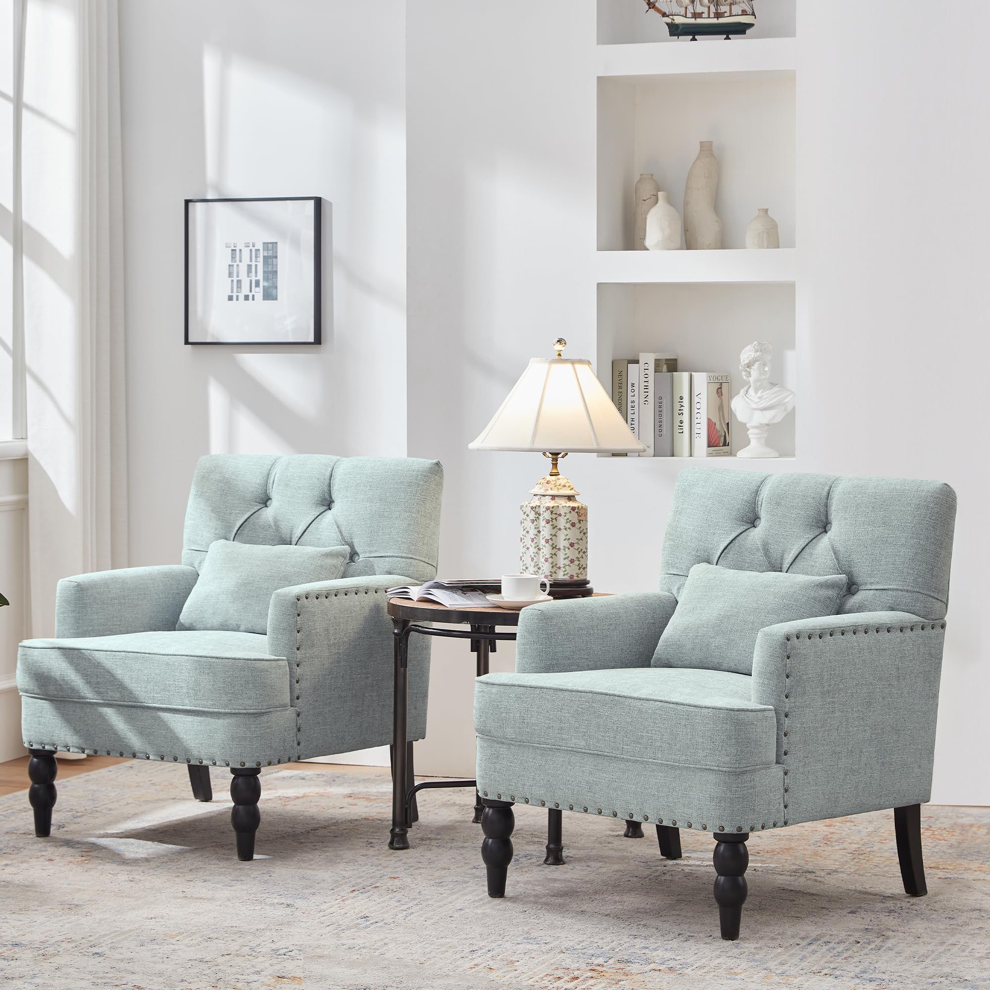 HUIMO Accent Chairs Set of 2, Tufted Club Chair Set of 2 with Lumbar Pillow,Upholstered Button Armchair, Linen Fabric Sofa Chairs for Bedroom, Living