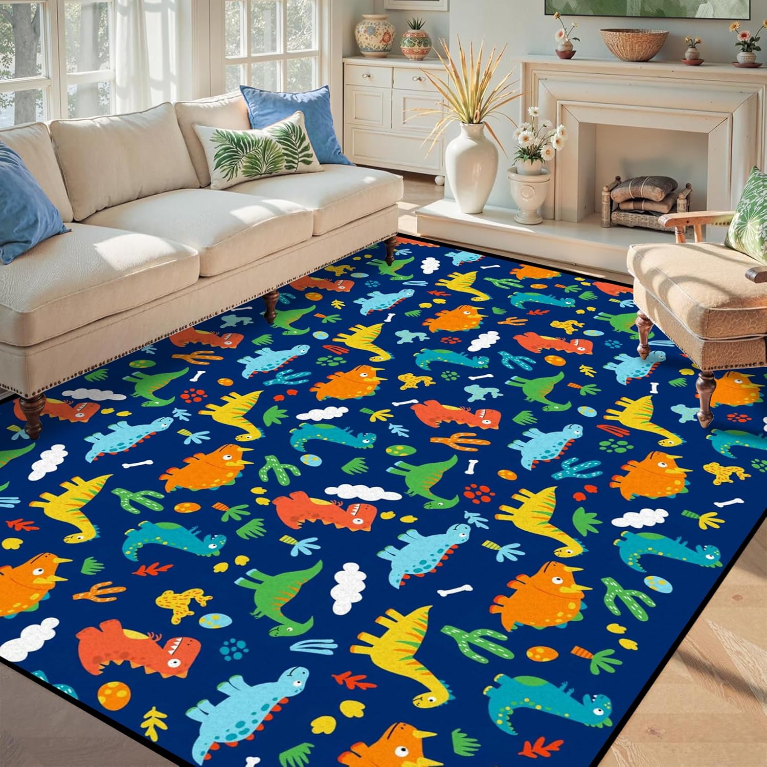 6' x 9' Dinosaurs Rug Blue Area Rugs for Kids Boys Girls Living Room Bedroom Dormitory Washable Floor Mat Cartoon Throw Rug Carpet Room Decor