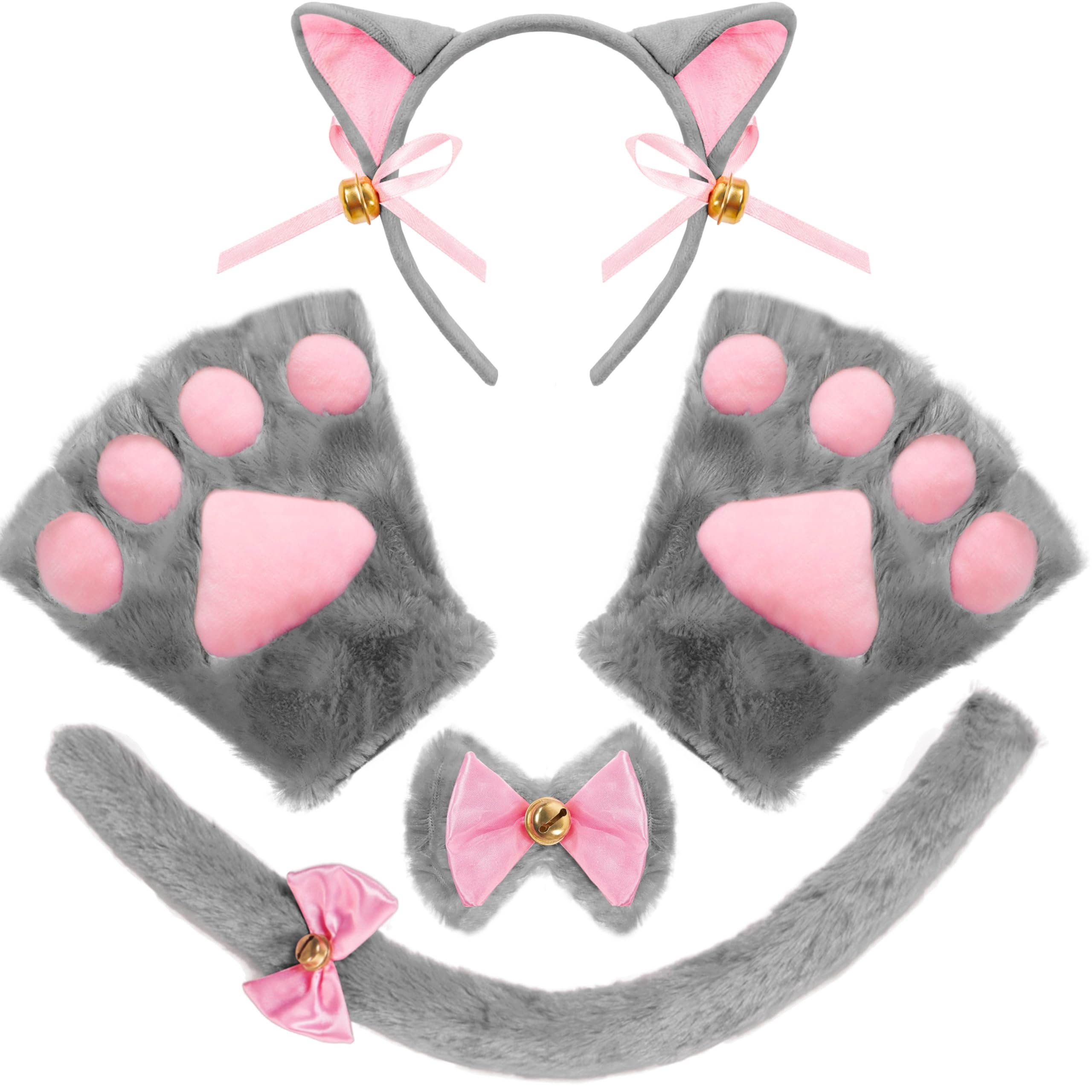 Spooktacular Creations 5 Pcs Kitten Gray Kitty Cat Costume Accessories Set with Cat Ears Headband, Paws Gloves, Bow Tie, Tail for Adult, Kids, Cosplay, Halloween Party Dress Up Accessories Set