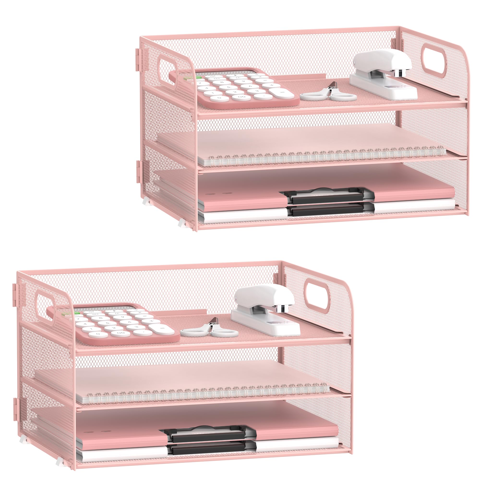 SUPEASY Paquete de 2 organizadores de papel de 3 niveles con asa, organizador de escritorio de malla, bandeja de cartas, organizador de archivos para carpeta de archivos A4, color rosa