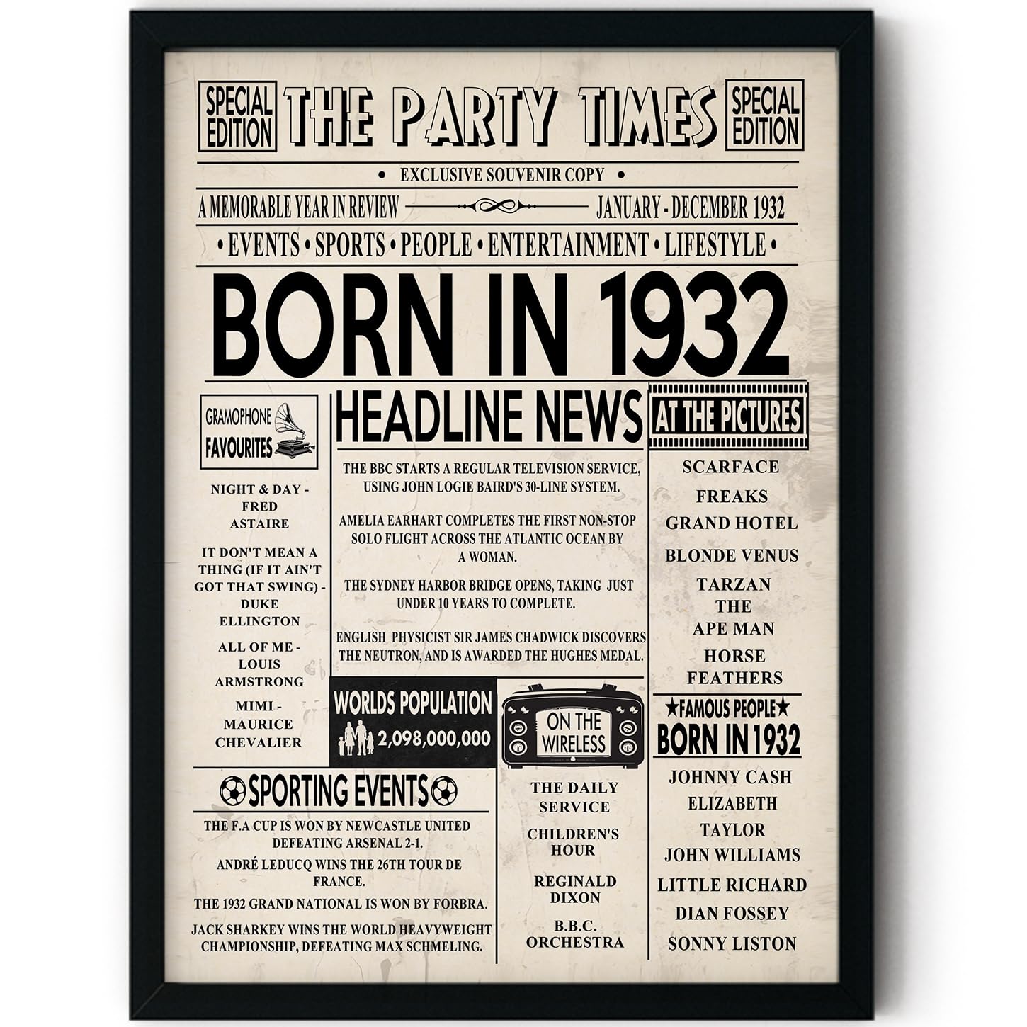 Stuff4 Men's 1932 94Th Birthday Poster Framed - Born In Newspaper - Happy 94Th Birthday Gifts For Wo Vintage Retro Back In 8X10 Inch Bday Party Decor Decoration
