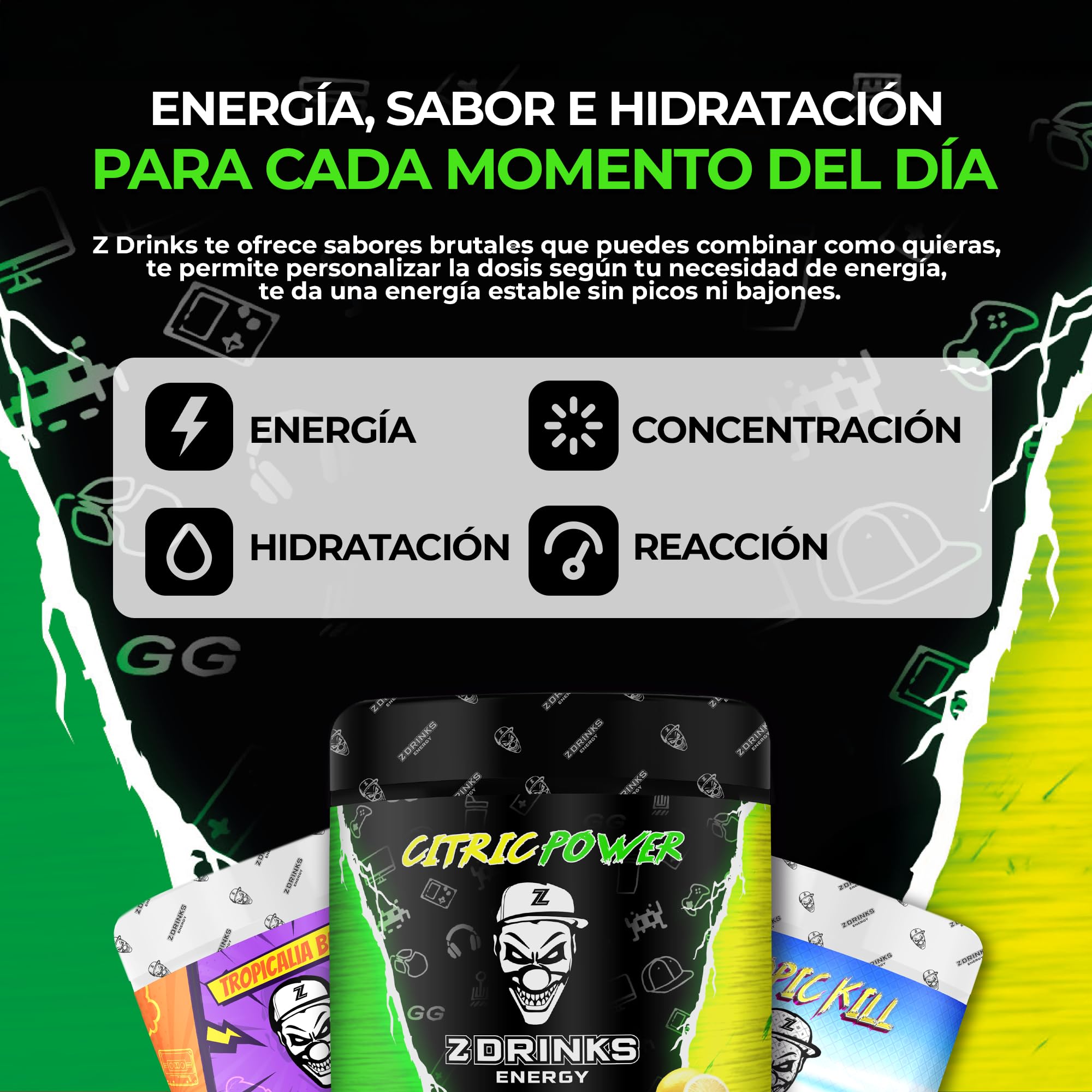 Z Drinks Energy Bebida Energética en Polvo 70 Servicios Sin Azúcar con Cafeína Minerales y Vitaminas Sabor Limón