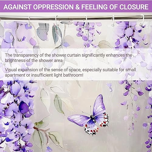 Miniatura 7 de Cortina de ducha transparente con diseño floral y lavanda, cortinas de ducha decorativas de plástico transparente con bonitas flores para baño, 72 x