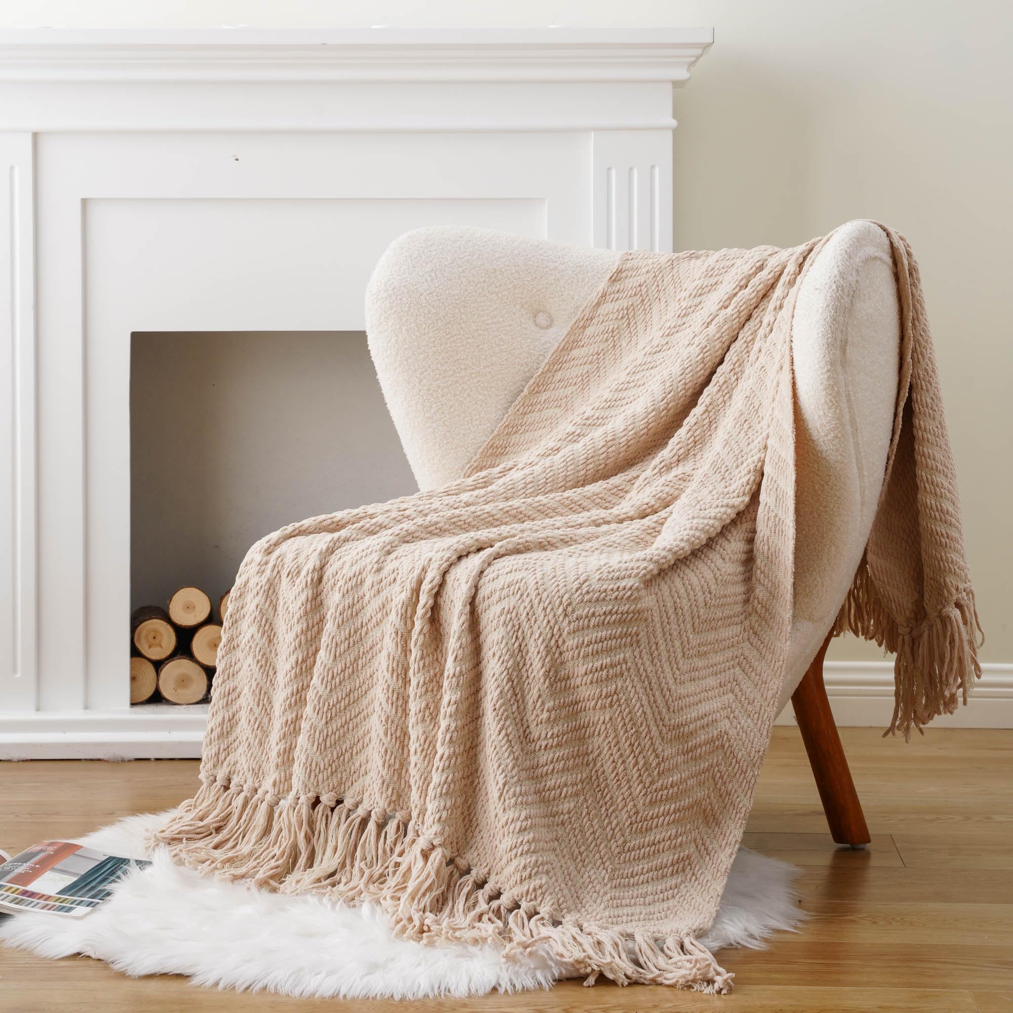 Battilo Couverture Beige Tricotée Pour Canapé Lit - Jeté Doux Chaud Bohème 125x150 Cm