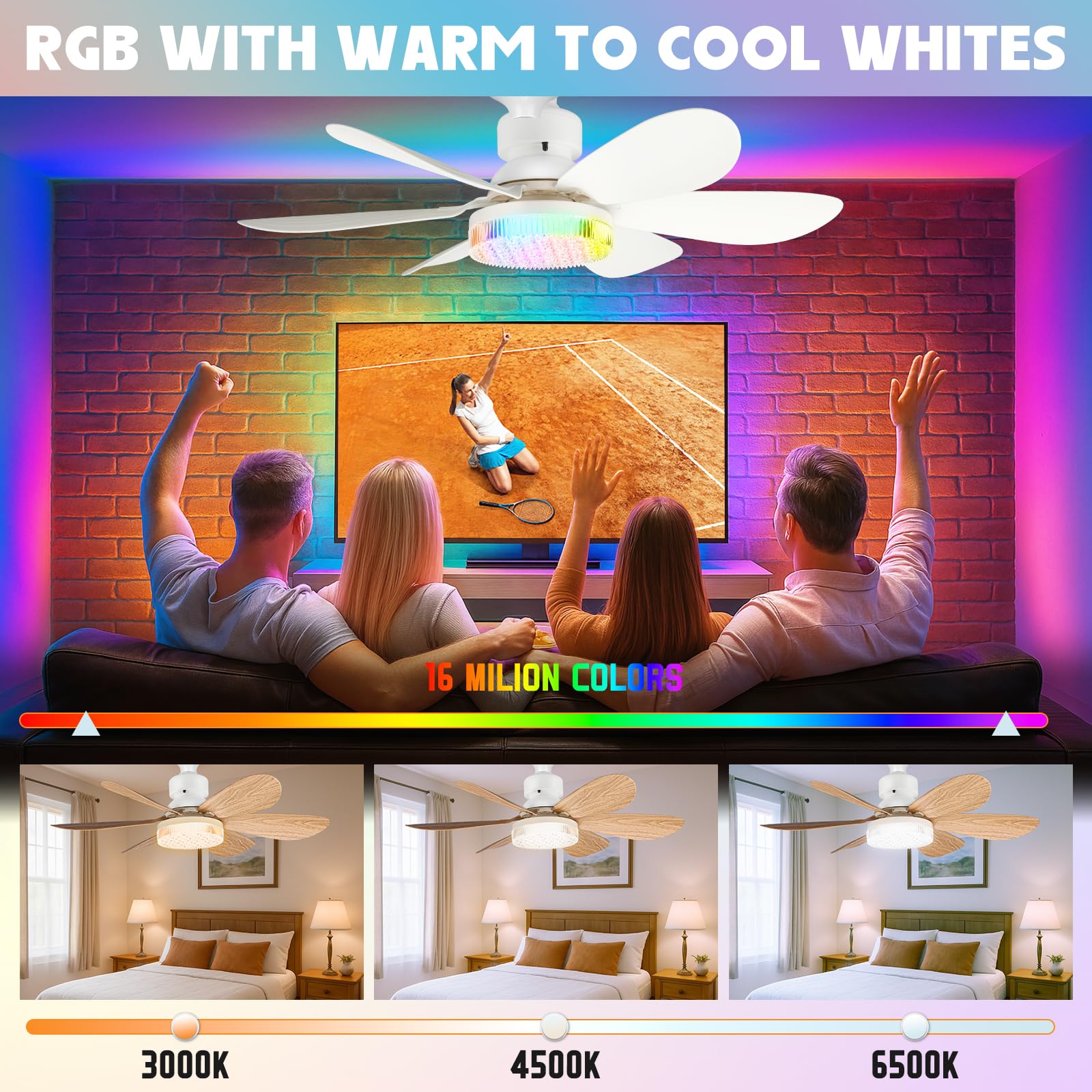 ConBlom Ventilatore da soffitto con lampada E27 e telecomando, 40 W, copertura in cristallo RGB, dimmerabile, silenzioso, 6 pale, per camera da letto, soggiorno, cucina