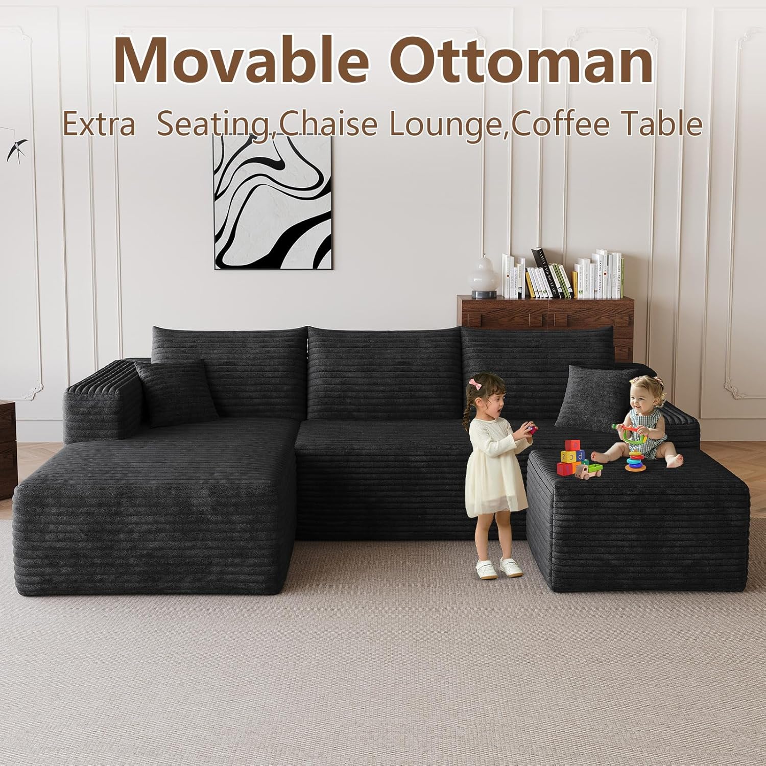 95" Modular Sectional Sofa with Ottoman, Modern Corduroy Cloud Couch with Deep Seat, Boneless Couch Upholstered 3-Seater U-Shaped Sofa for Living Room, No Assembly (Black,Left-Facing Chaise)